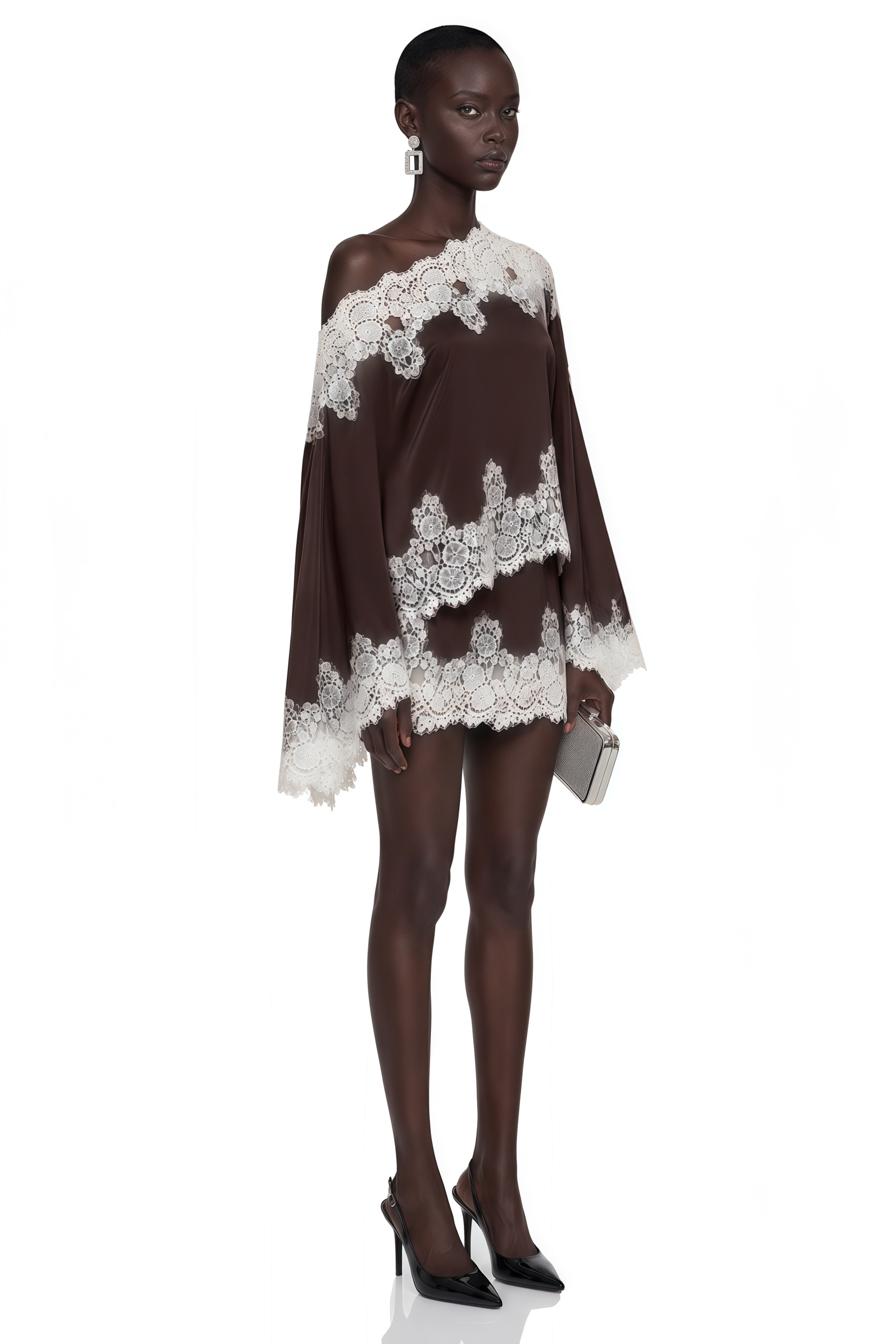 Sophia Brown One Shoulder Top & Skirt Set with Lace Trim