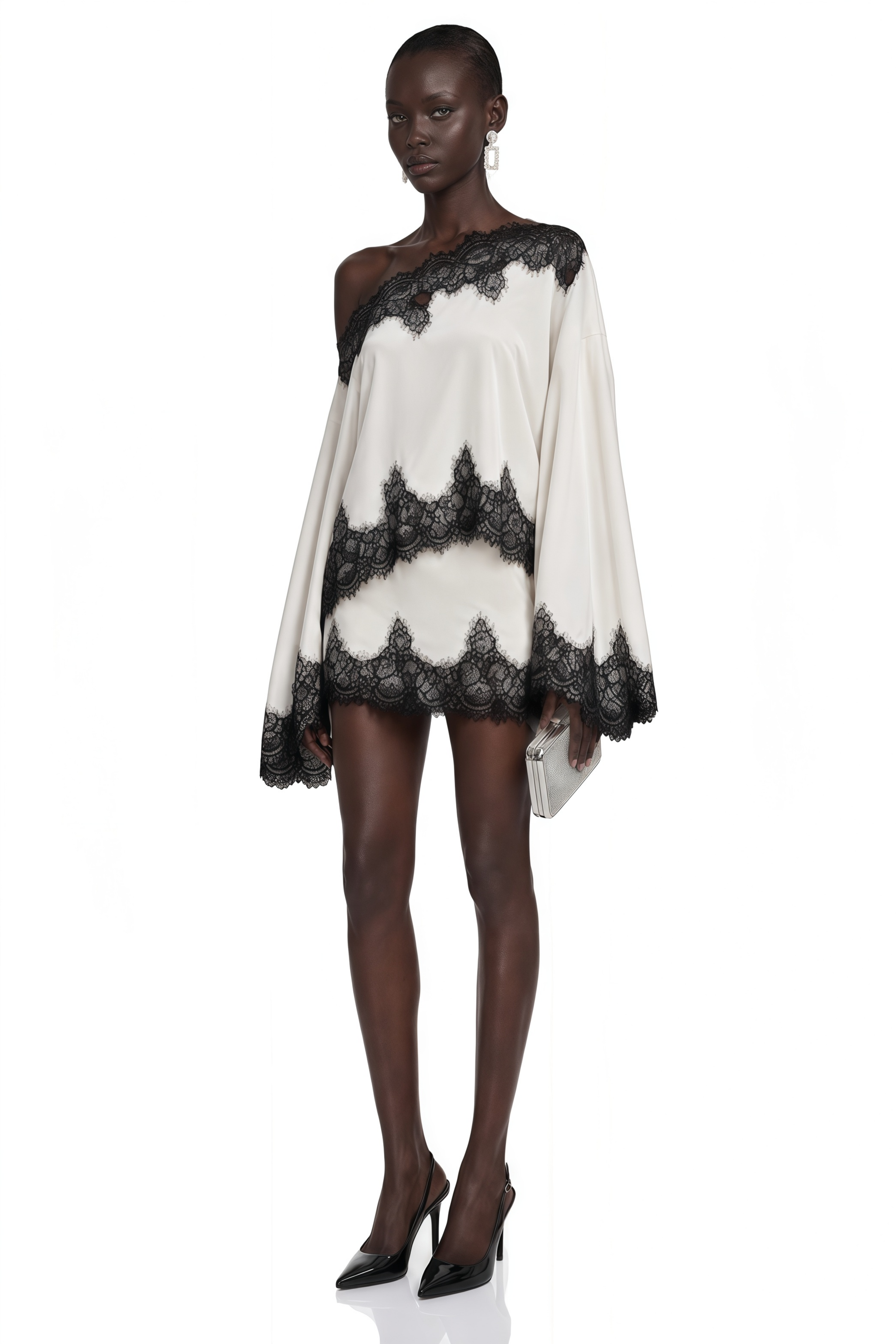 Sophia Cream One Shoulder Top & Skirt Set with Lace Trim