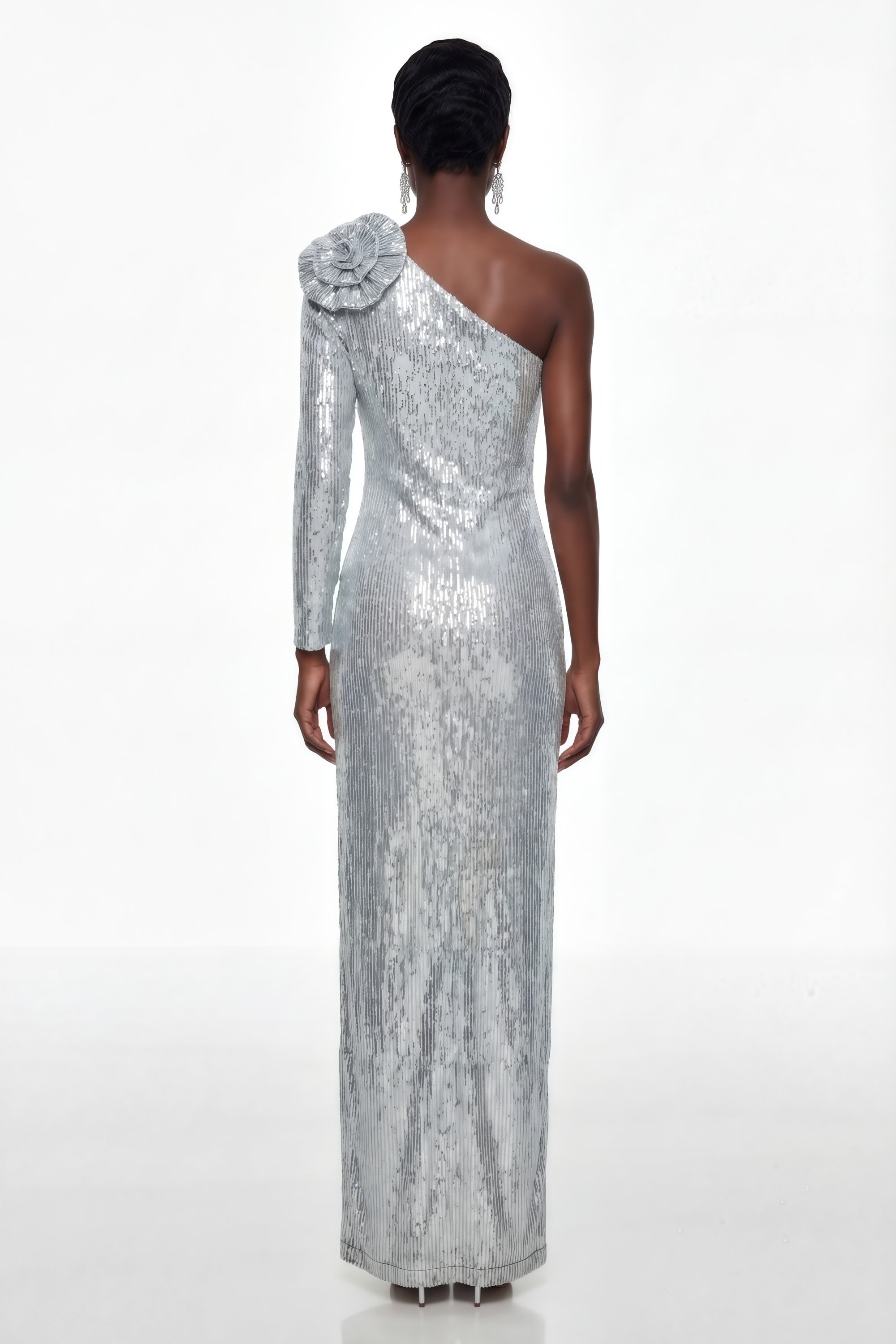Sophia Silver Sequin Corset Maxi Dress with 3D Petals