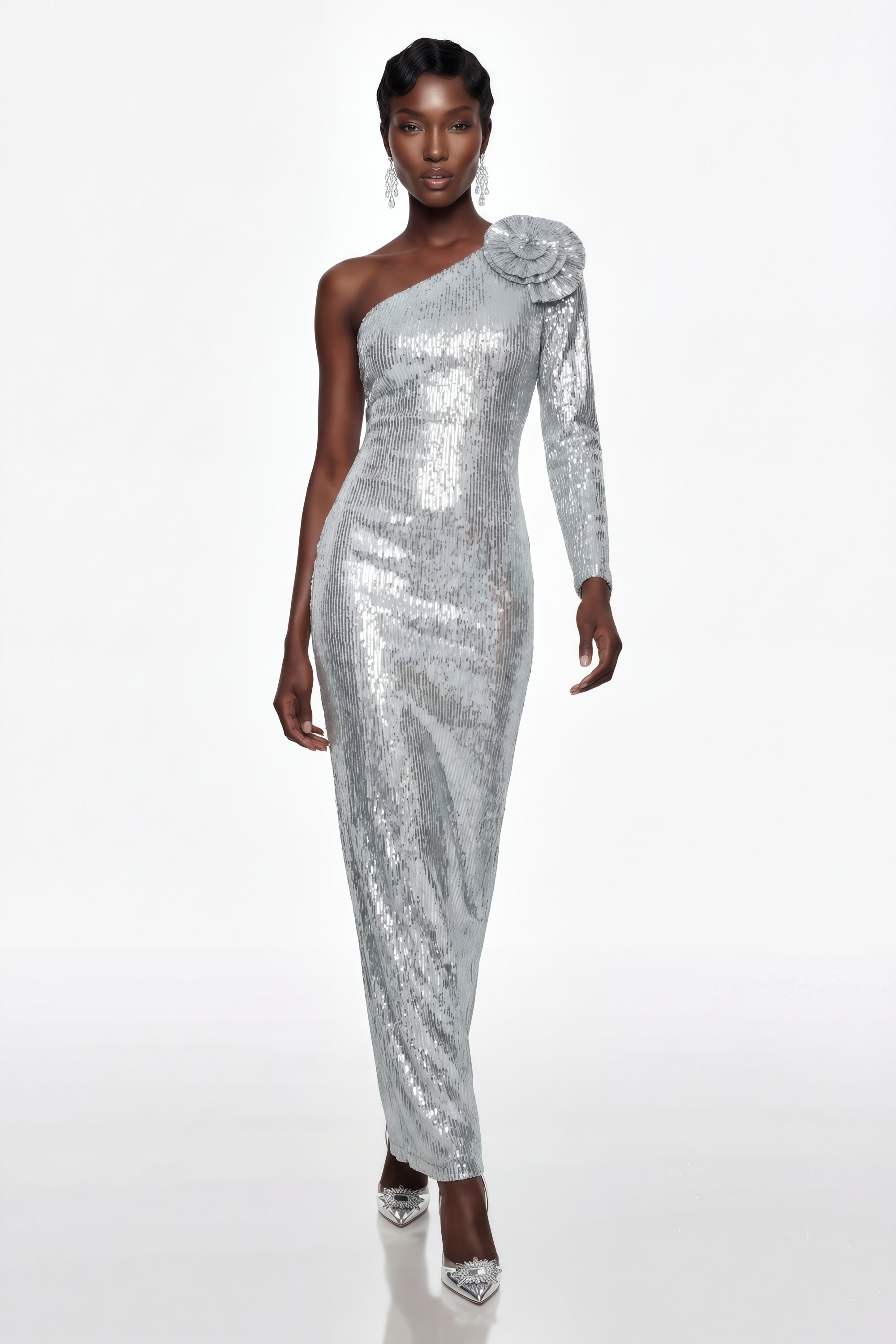Sophia Silver Sequin Corset Maxi Dress with 3D Petals