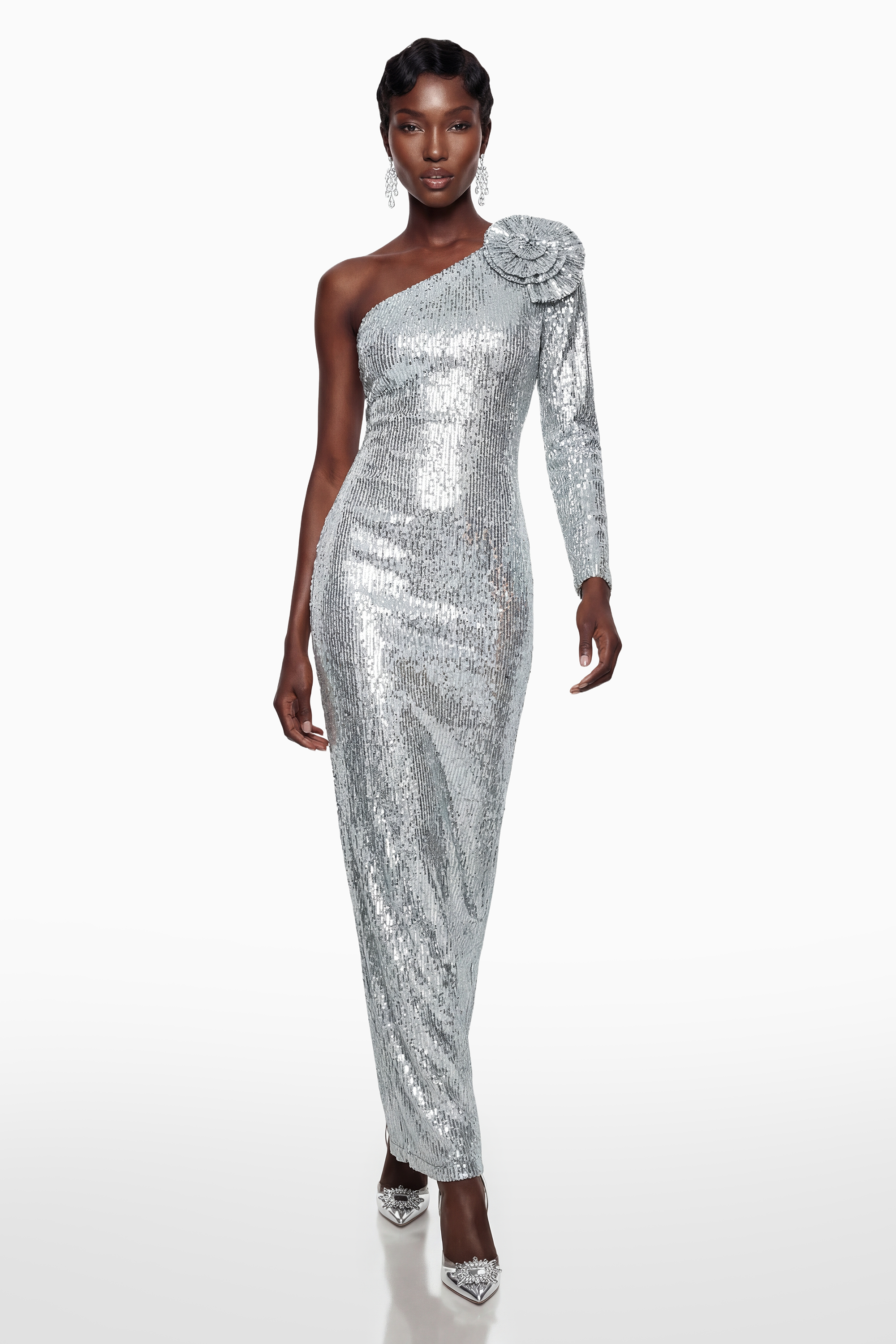 Sophia Silbernes Pailletten-Korsett-Maxikleid mit 3D-Blütenblättern