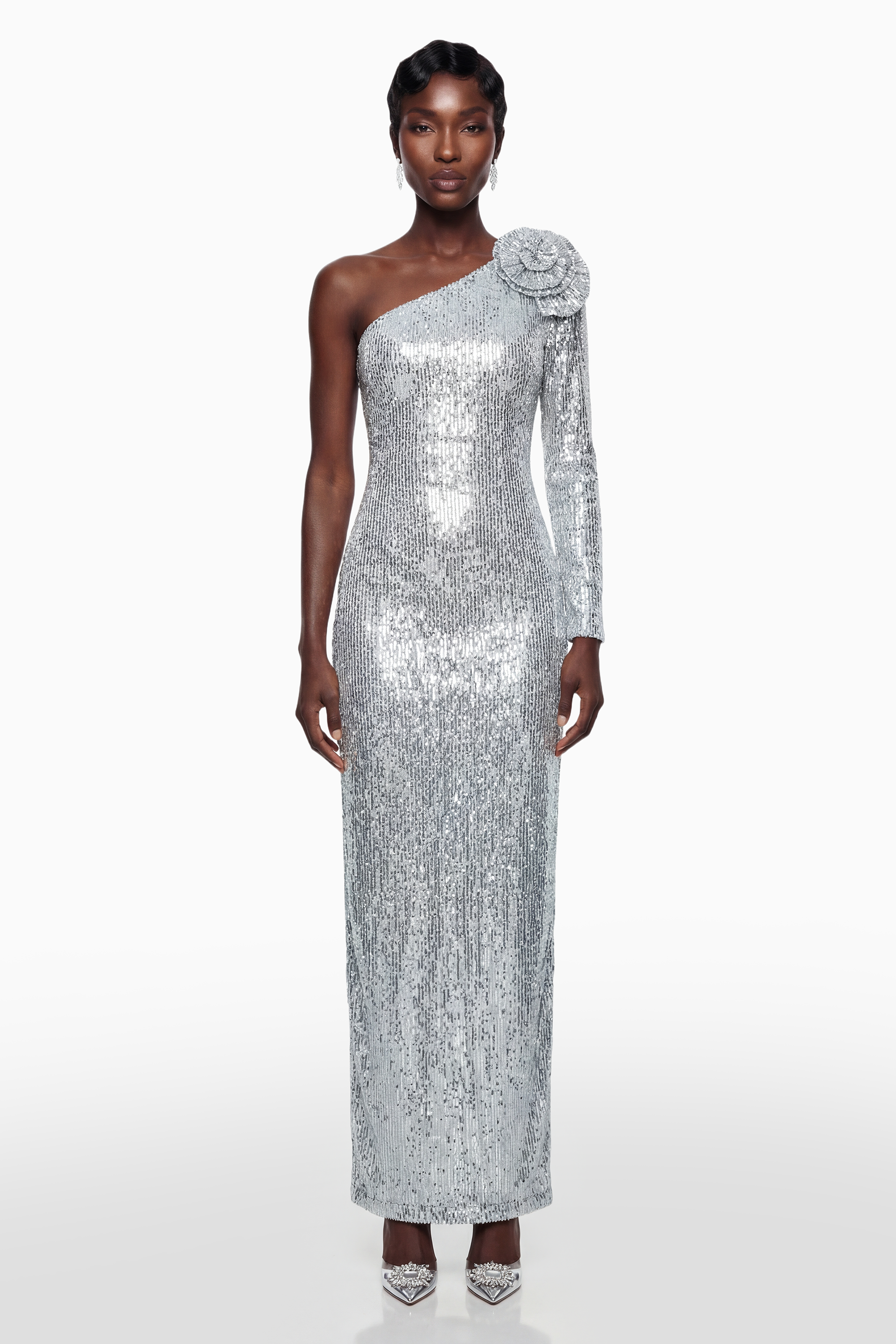 Sophia Silver Sequin Corset Maxi Dress with 3D Petals