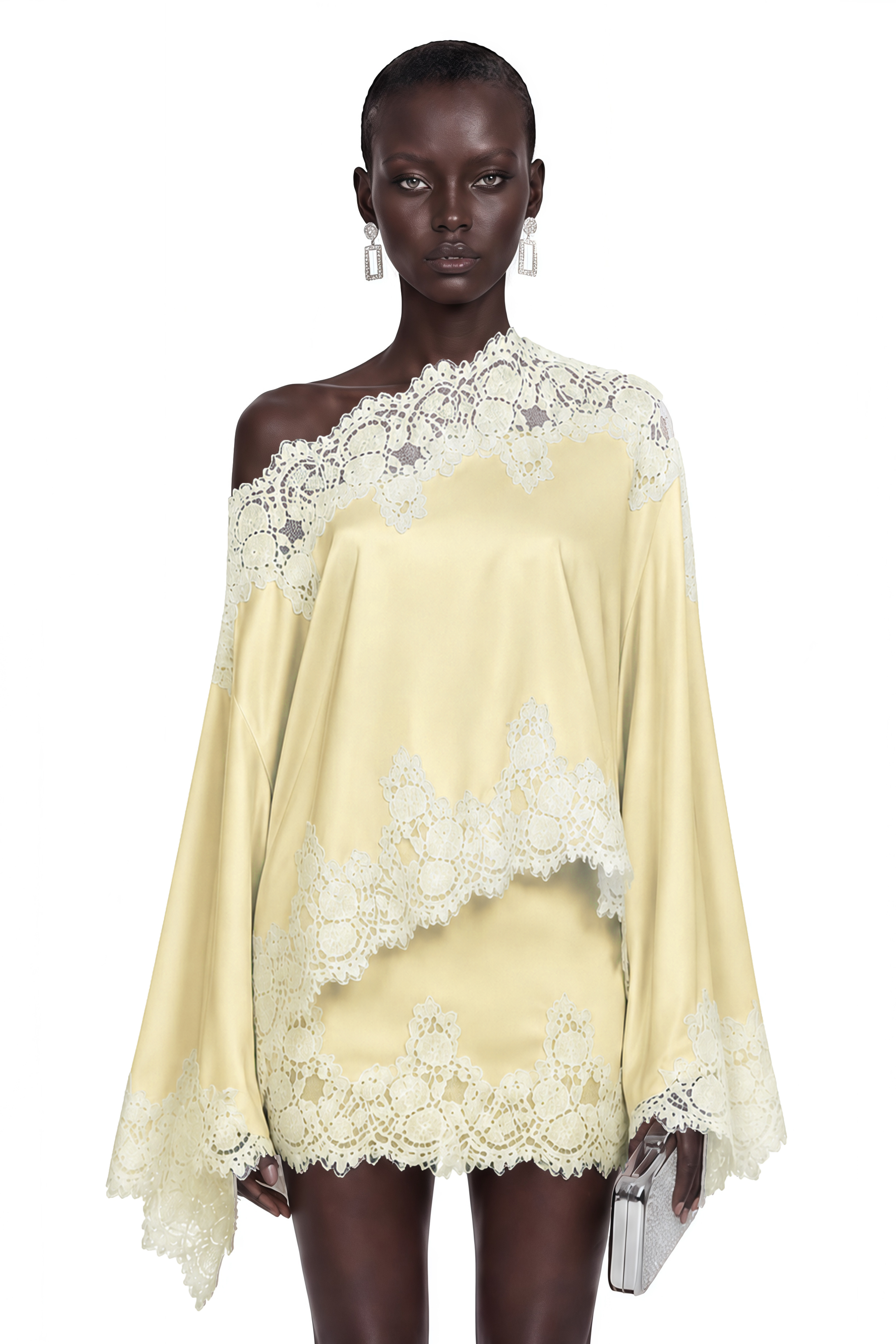 Sophia Yellow One Shoulder Top & Skirt Set with Lace Trim