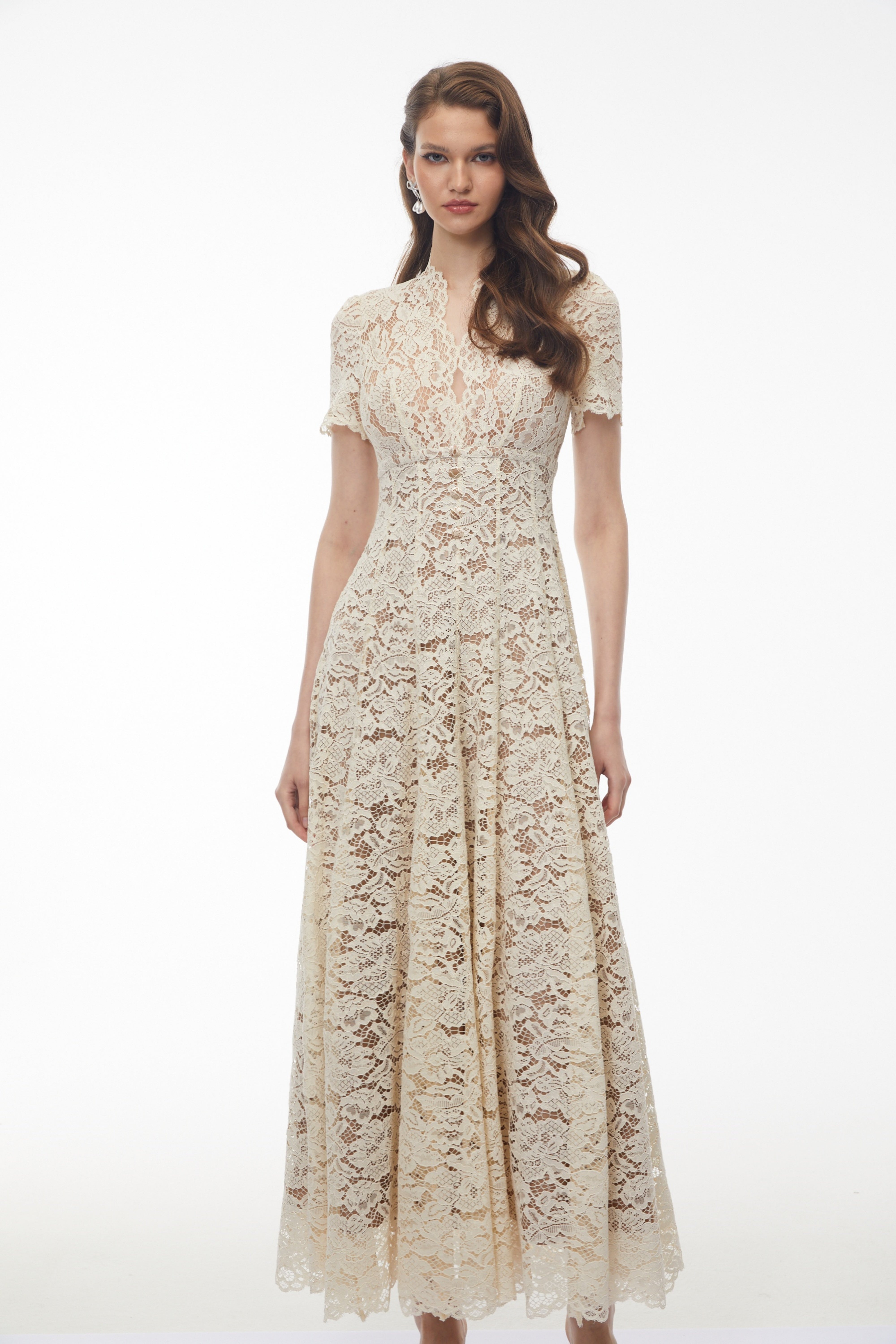 Sophie Cream Plunge Neck Floral Lace Maxi Dress