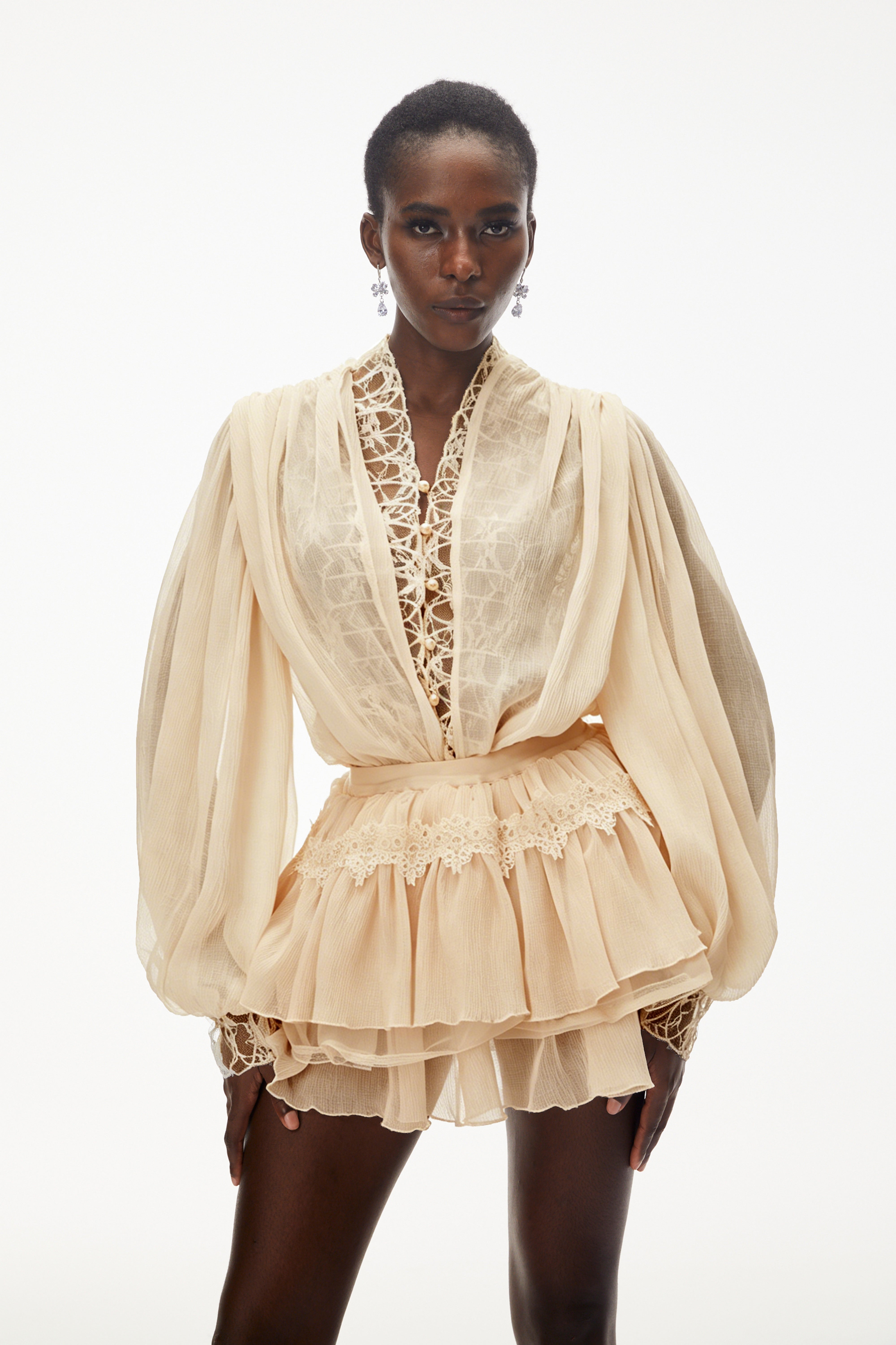 Sophie Neutral Lace Trim Blouse & Tiered Skirt Set