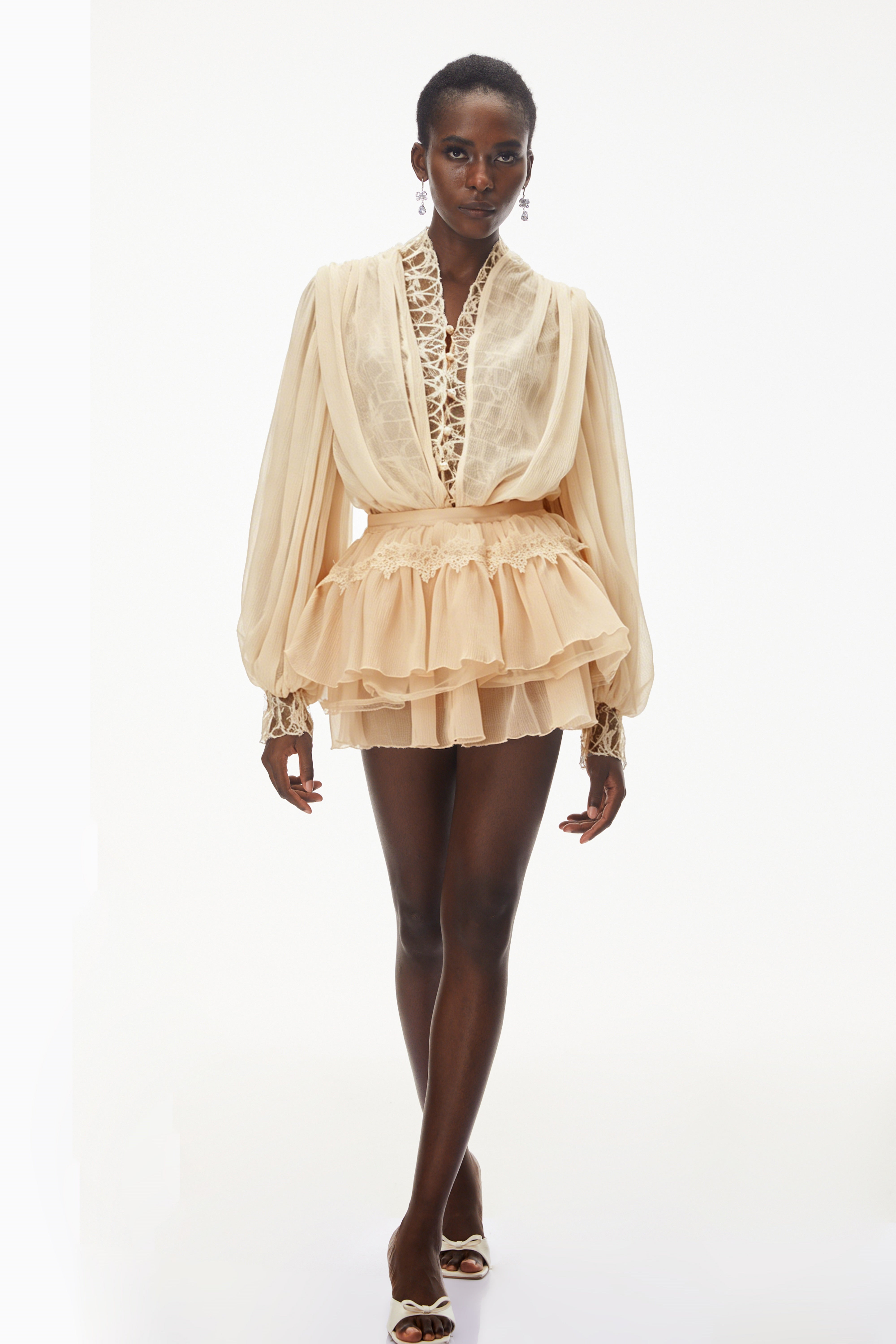 Sophie Neutral Lace Trim Blouse & Tiered Skirt Set