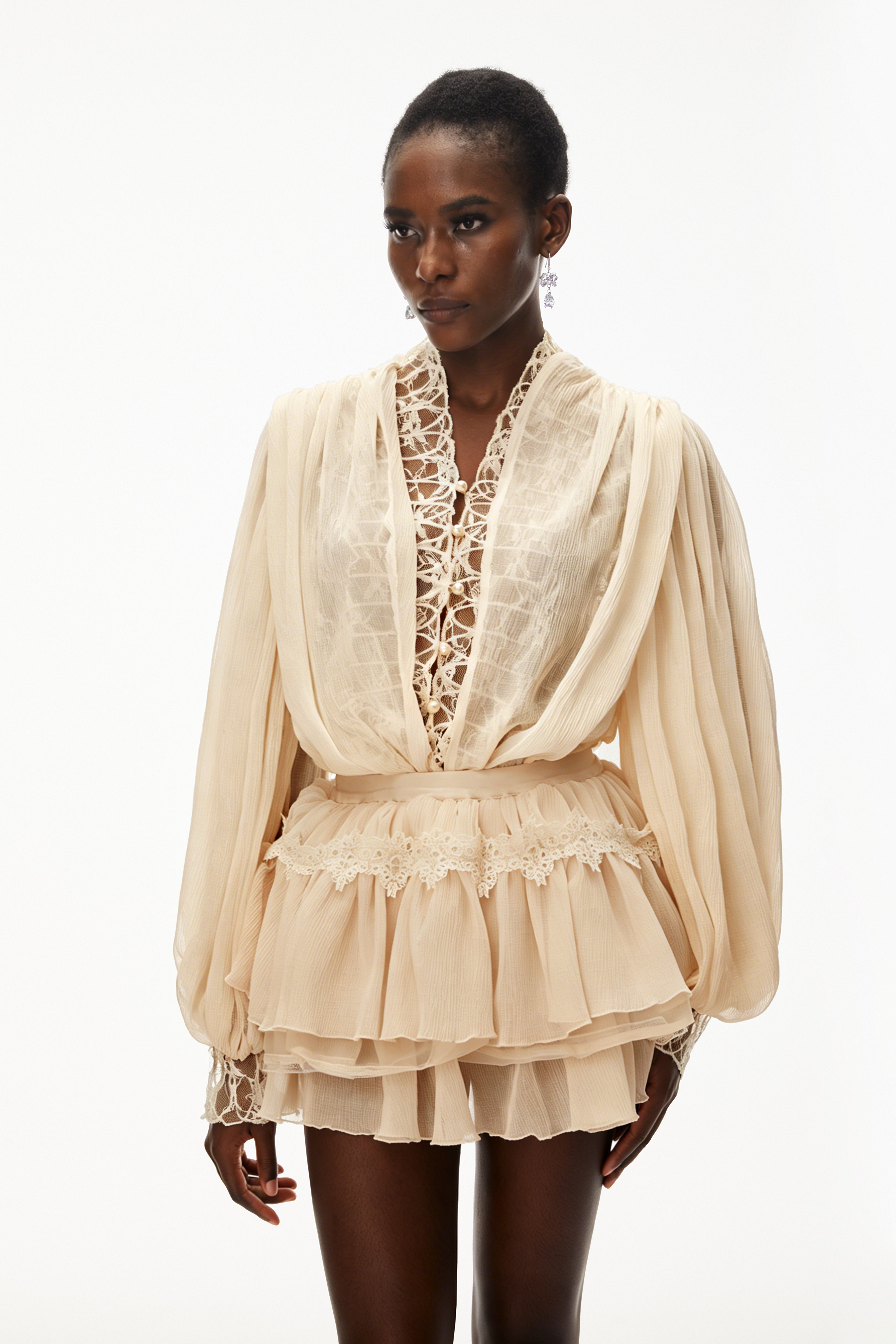 Sophie Neutral Lace Trim Blouse & Tiered Skirt Set