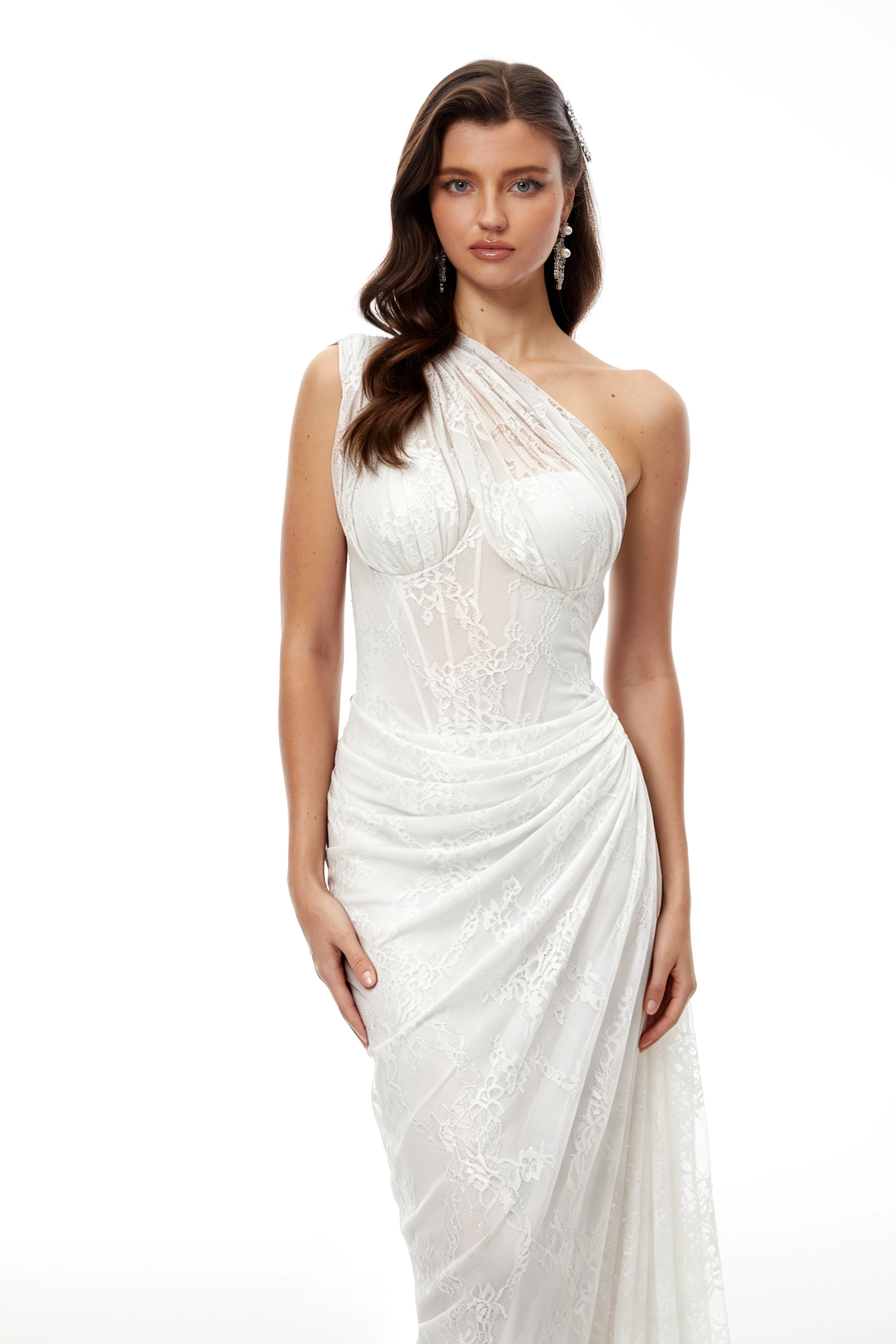 Stefania White Red Floral Lace Maxi Gown