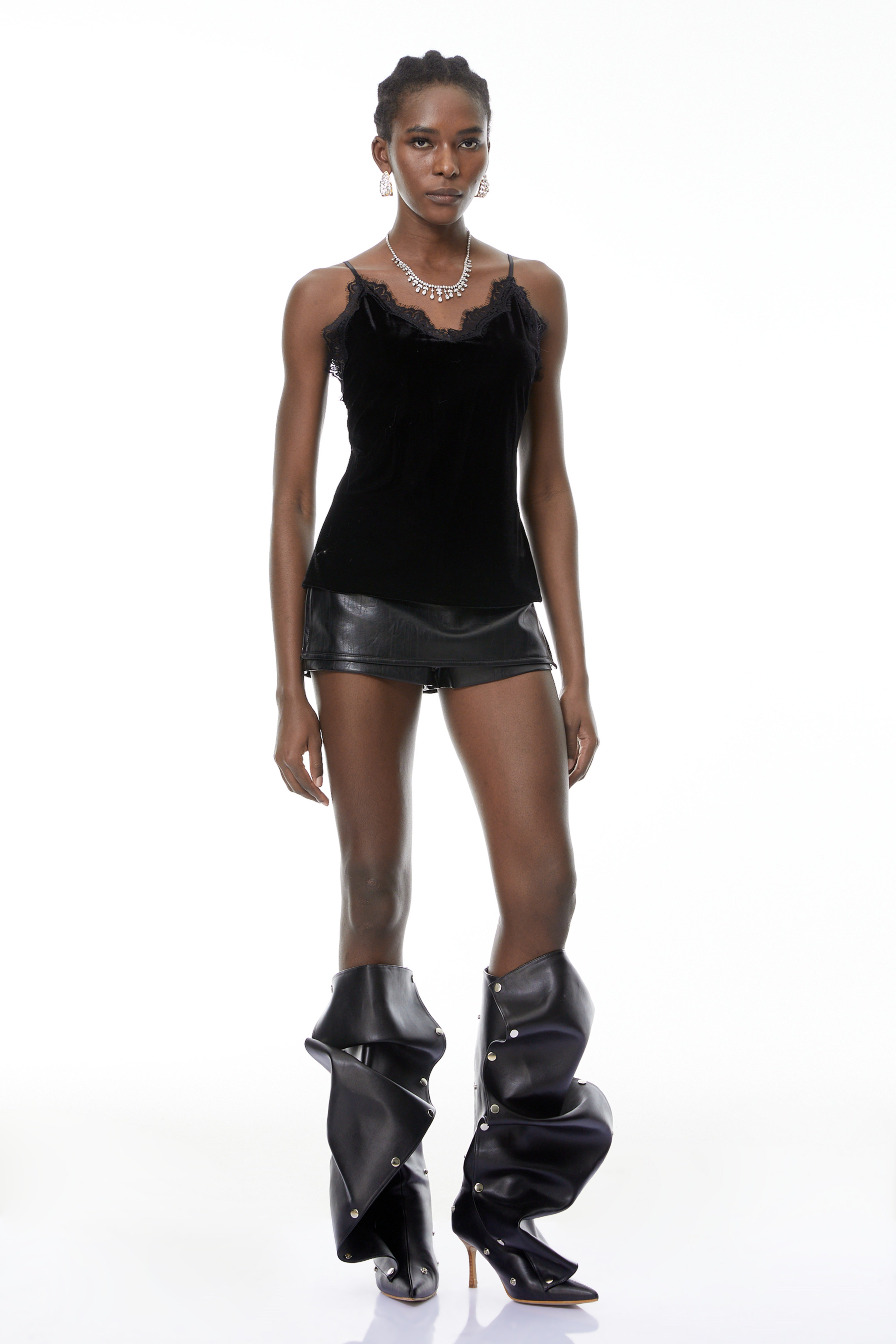 Stefanie Black Velvet Top with Lace Trim