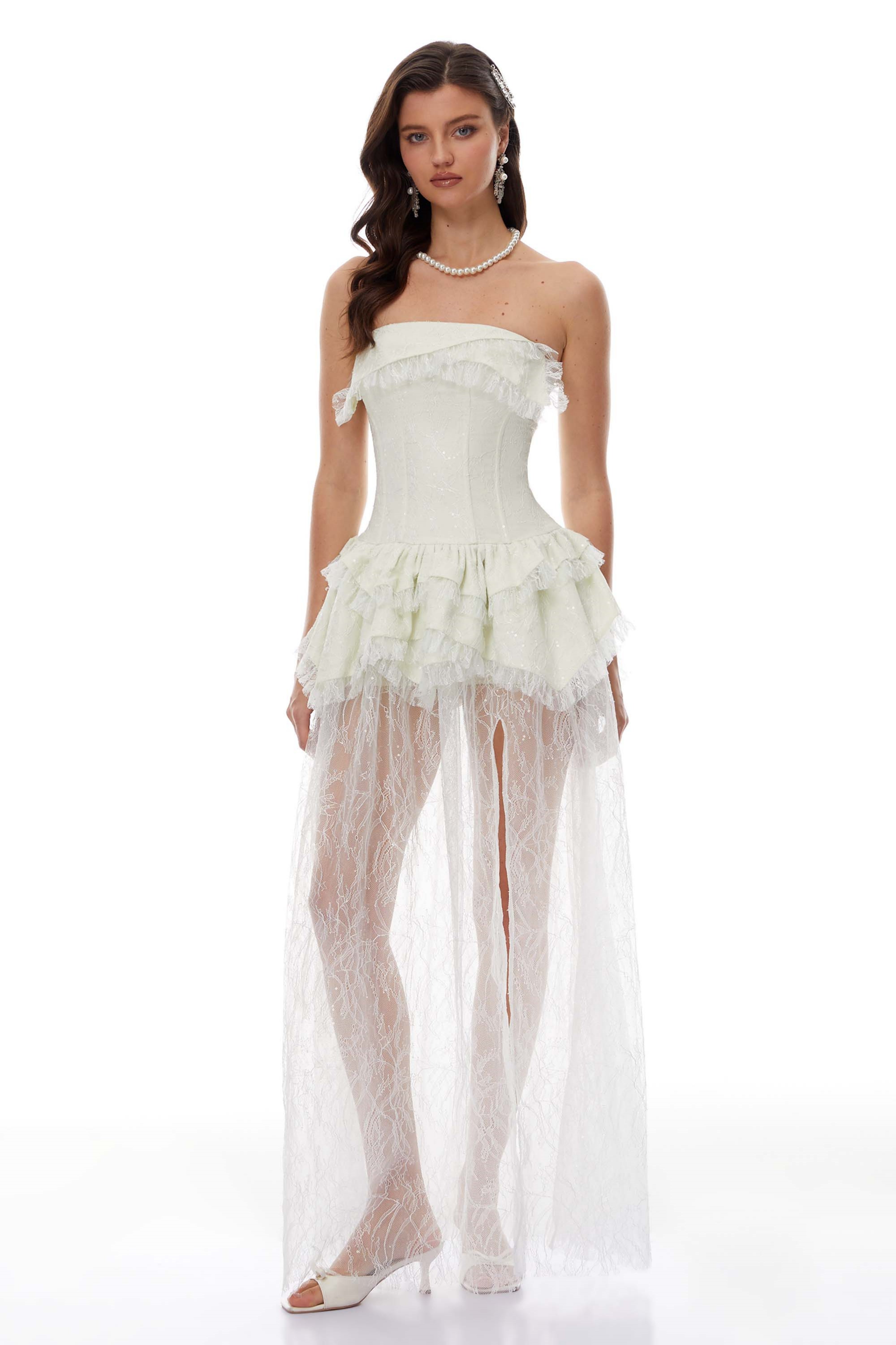 Sunniva Green Layered Floral Lace Maxi Dress