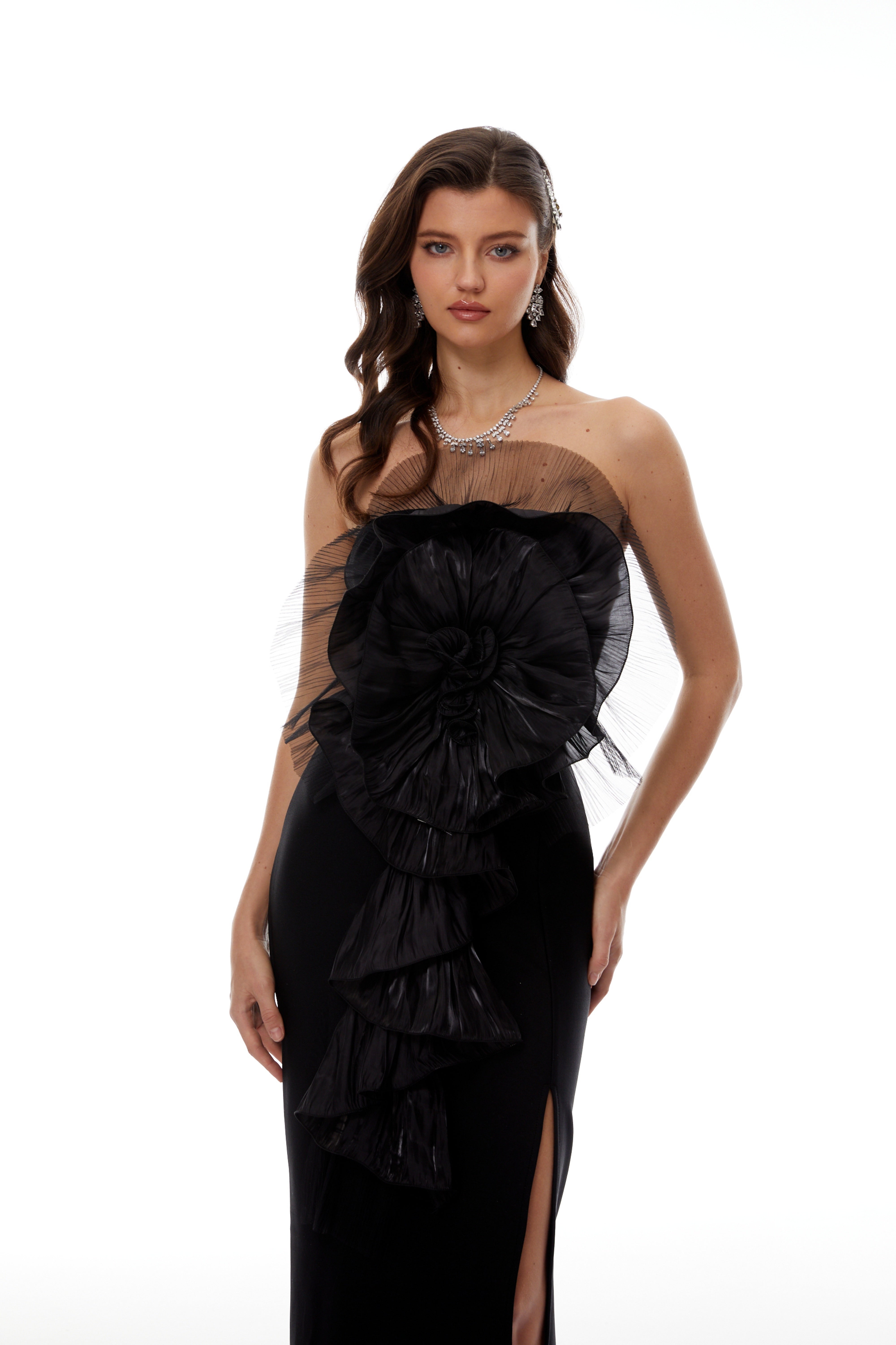 Susanne Black 3D Petal Ruffled Maxi Dress