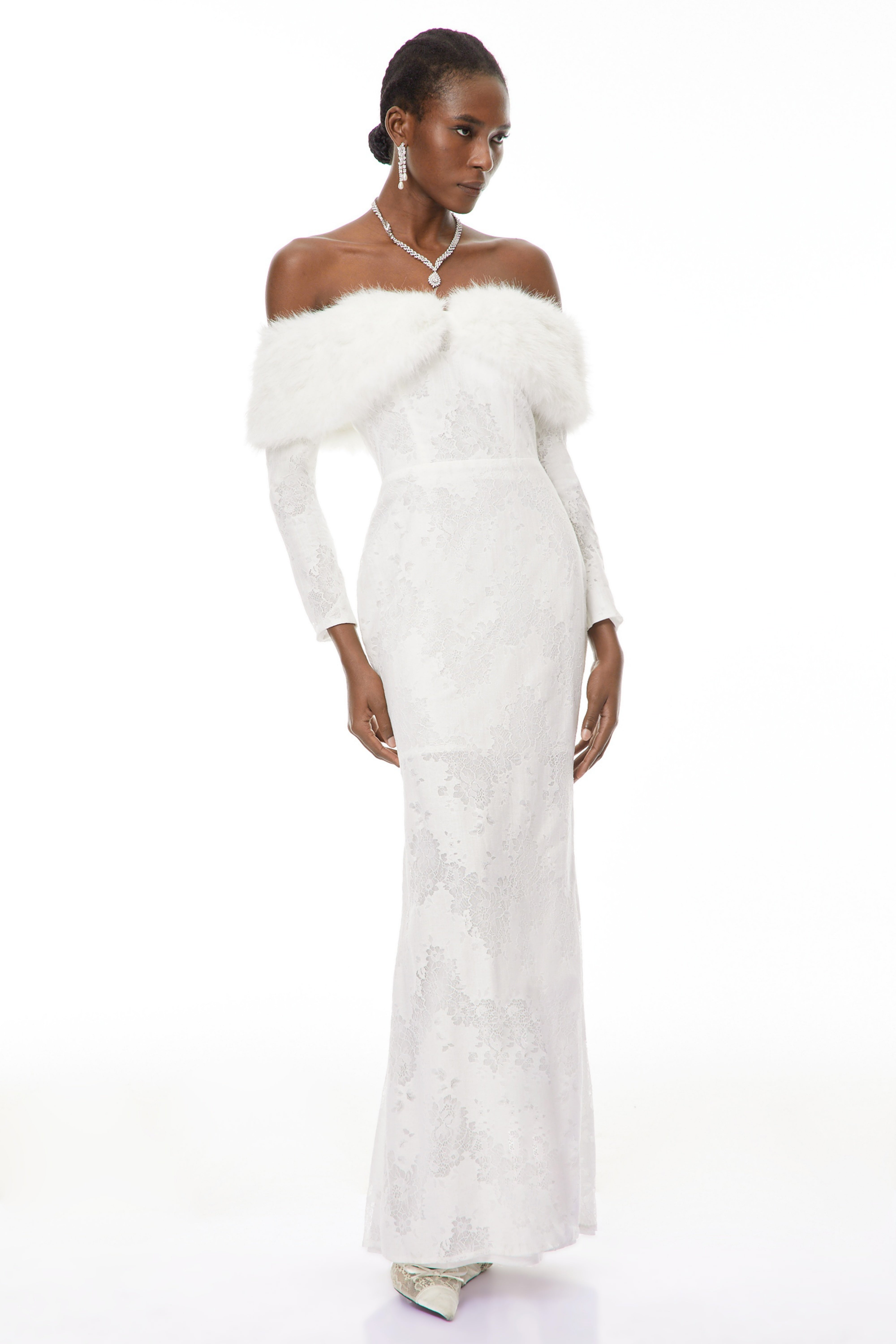 Susanne White Fur Trim Floral Lace Maxi Dress