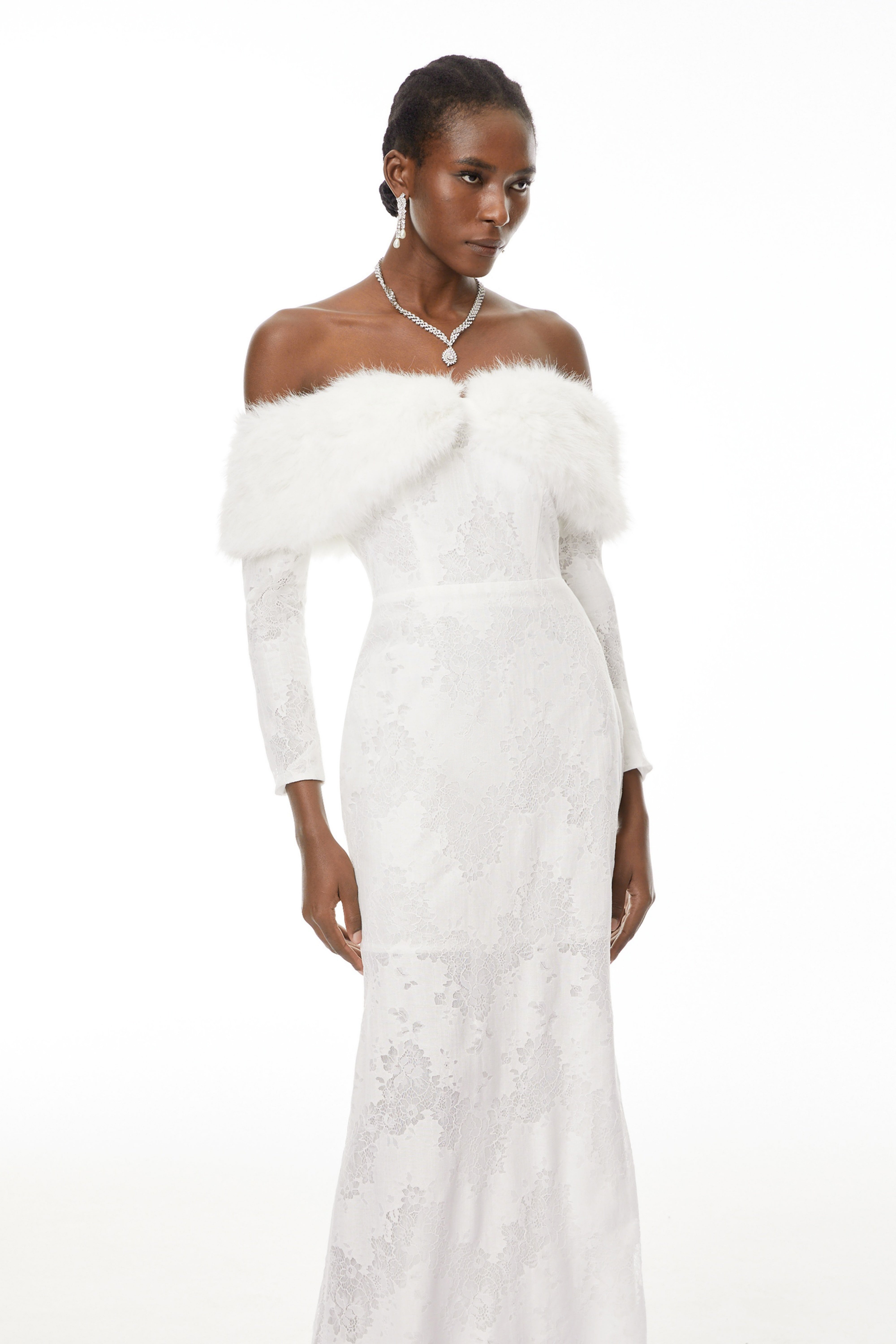 Susanne White Fur Trim Floral Lace Maxi Dress