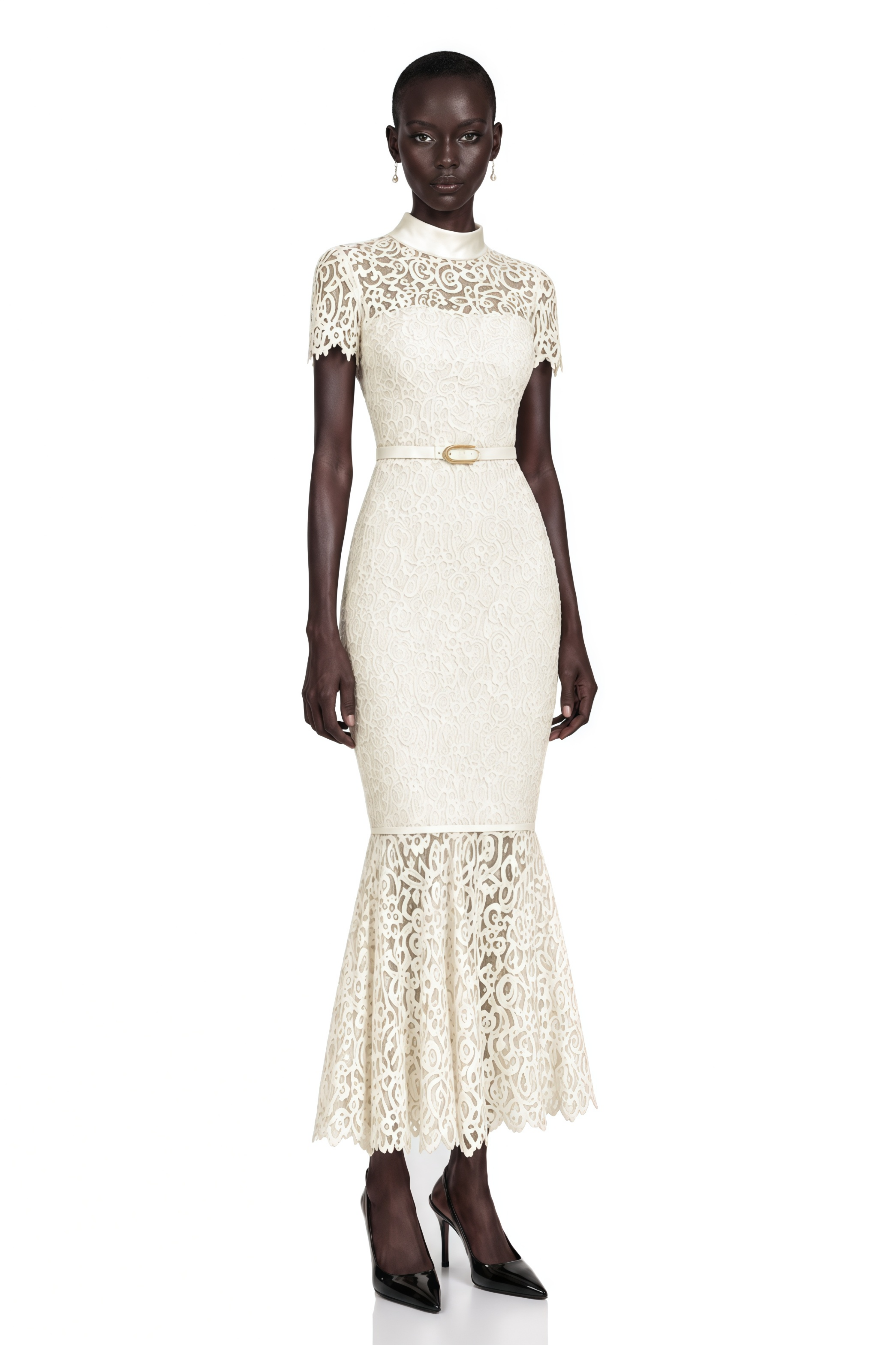 Suzanne Ivory Mock Neck Floral Lace Mermaid Maxi Dress