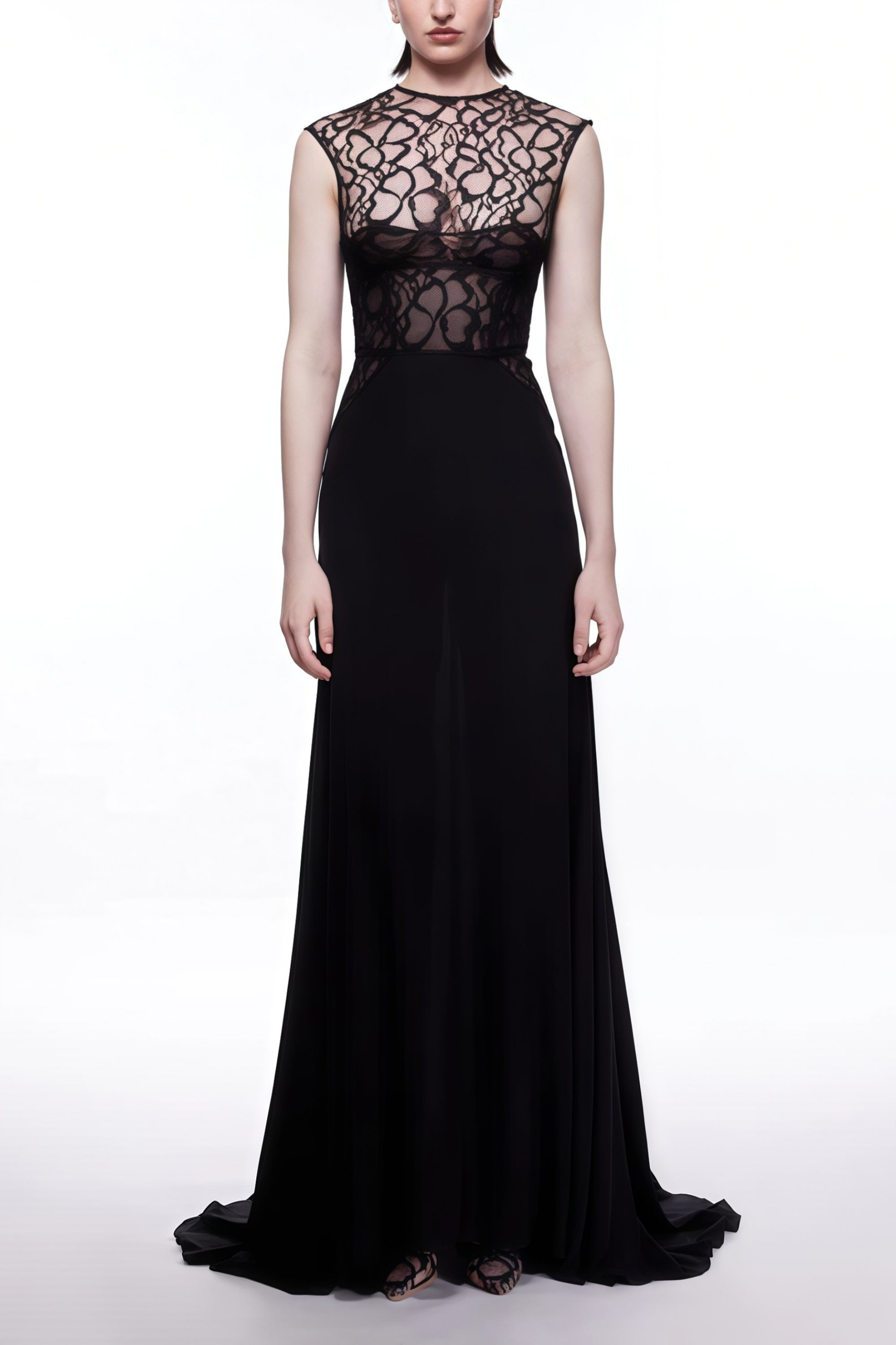 Ottilie Black Lace Panel Asymmetrical Maxi Dress