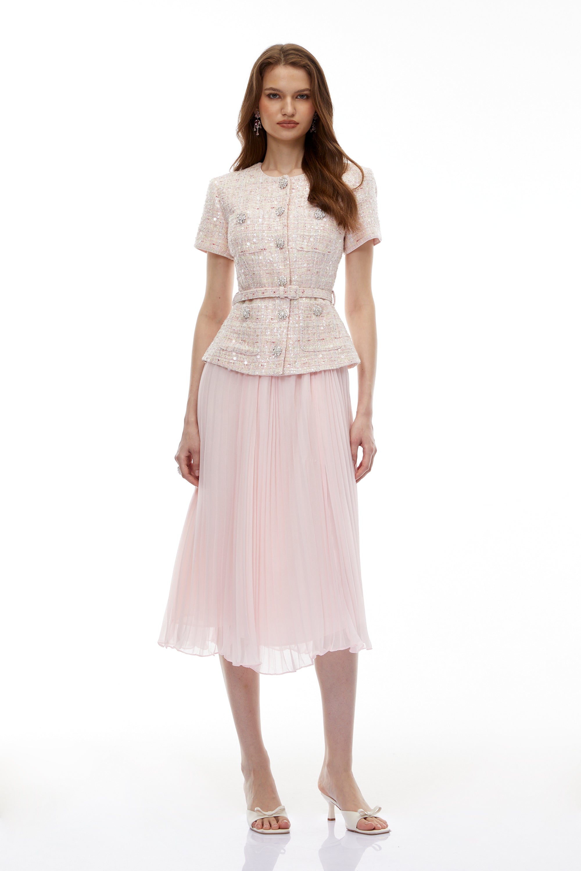 Tahmineh Pink Tweed Pleated Midi Dress