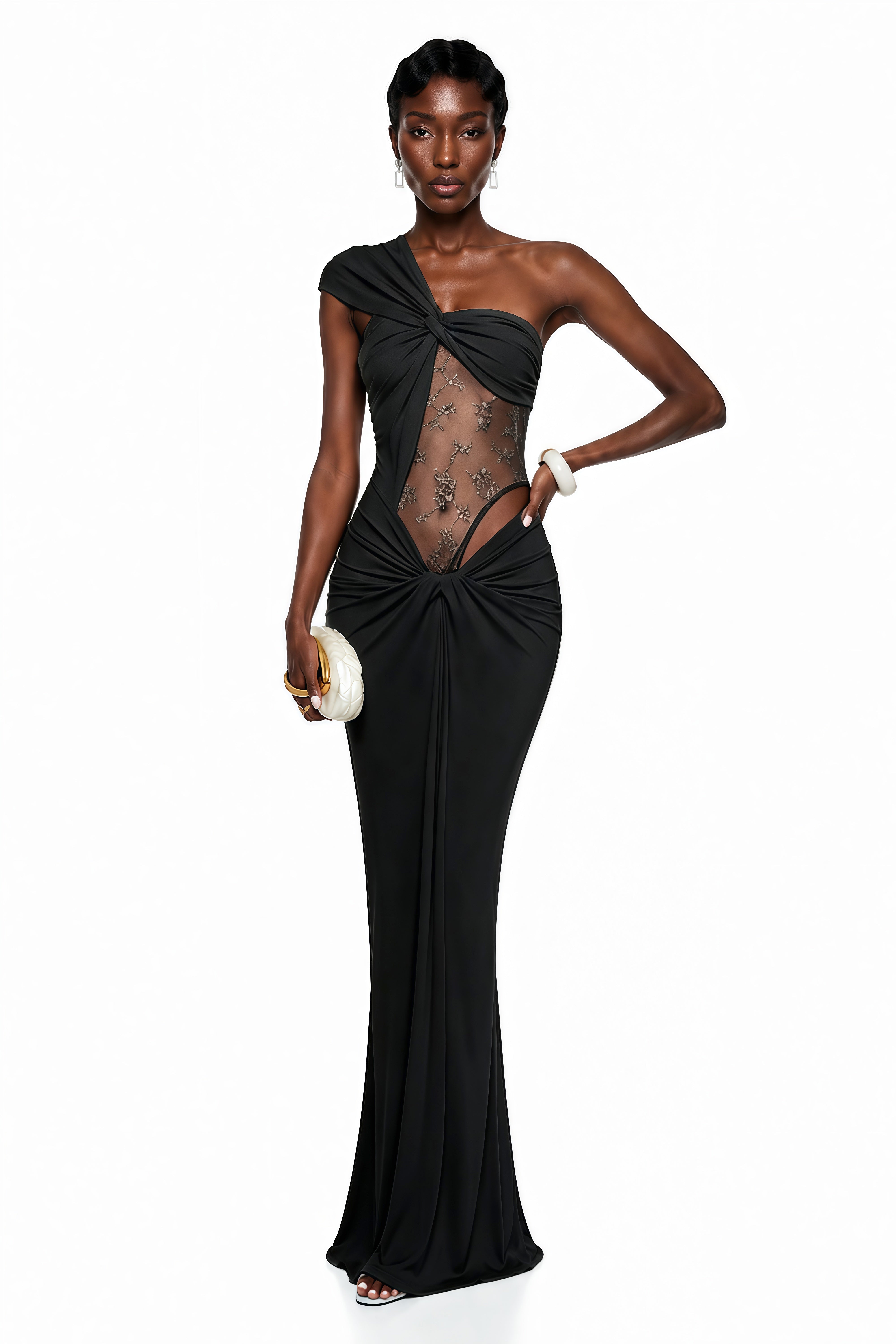 Tai Black One Shoulder Lace Maxi Dress
