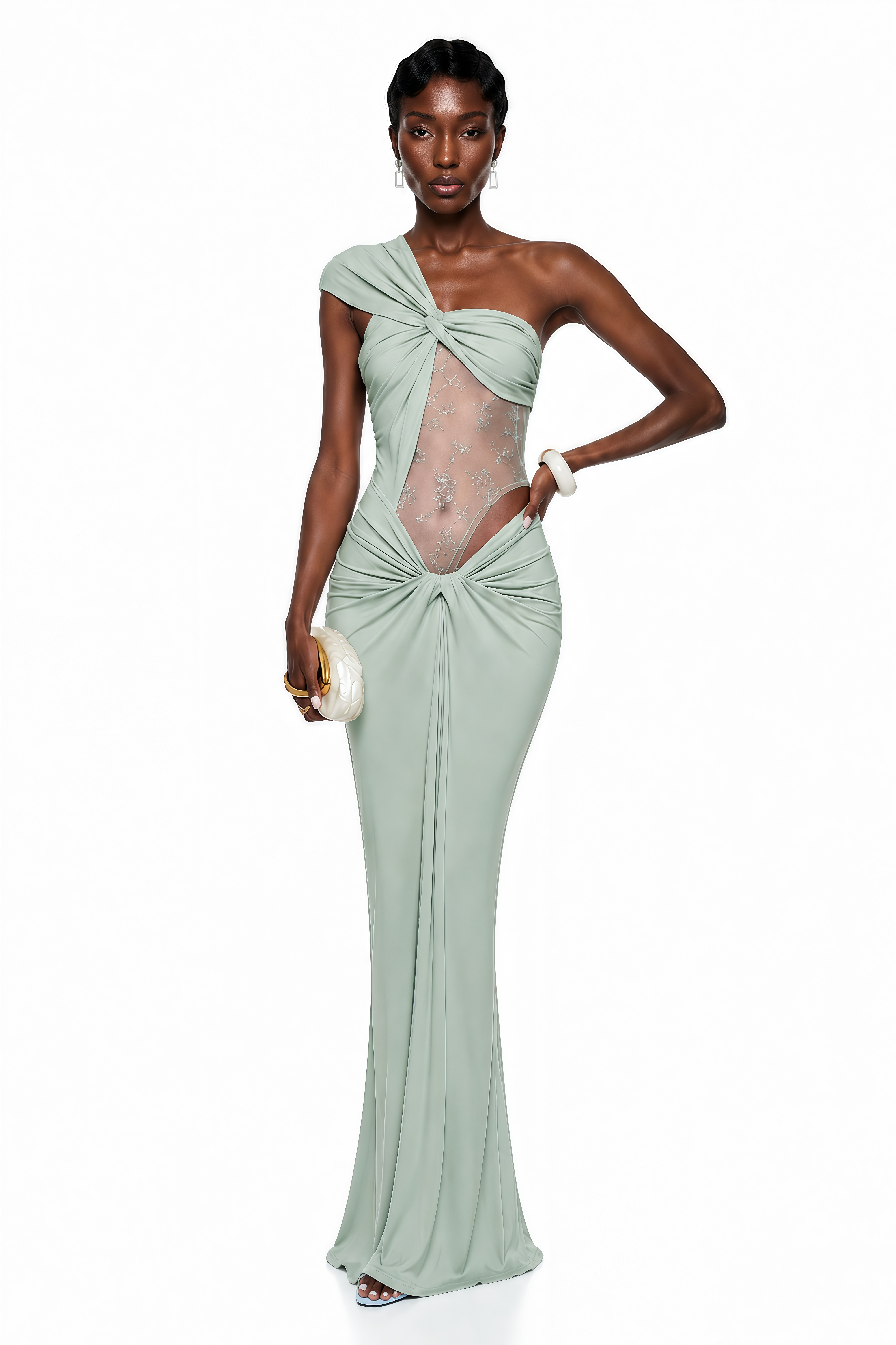Sage green one-shoulder maxi dress featuring draped knot detailing and a sheer embroidered mesh bodice cutout