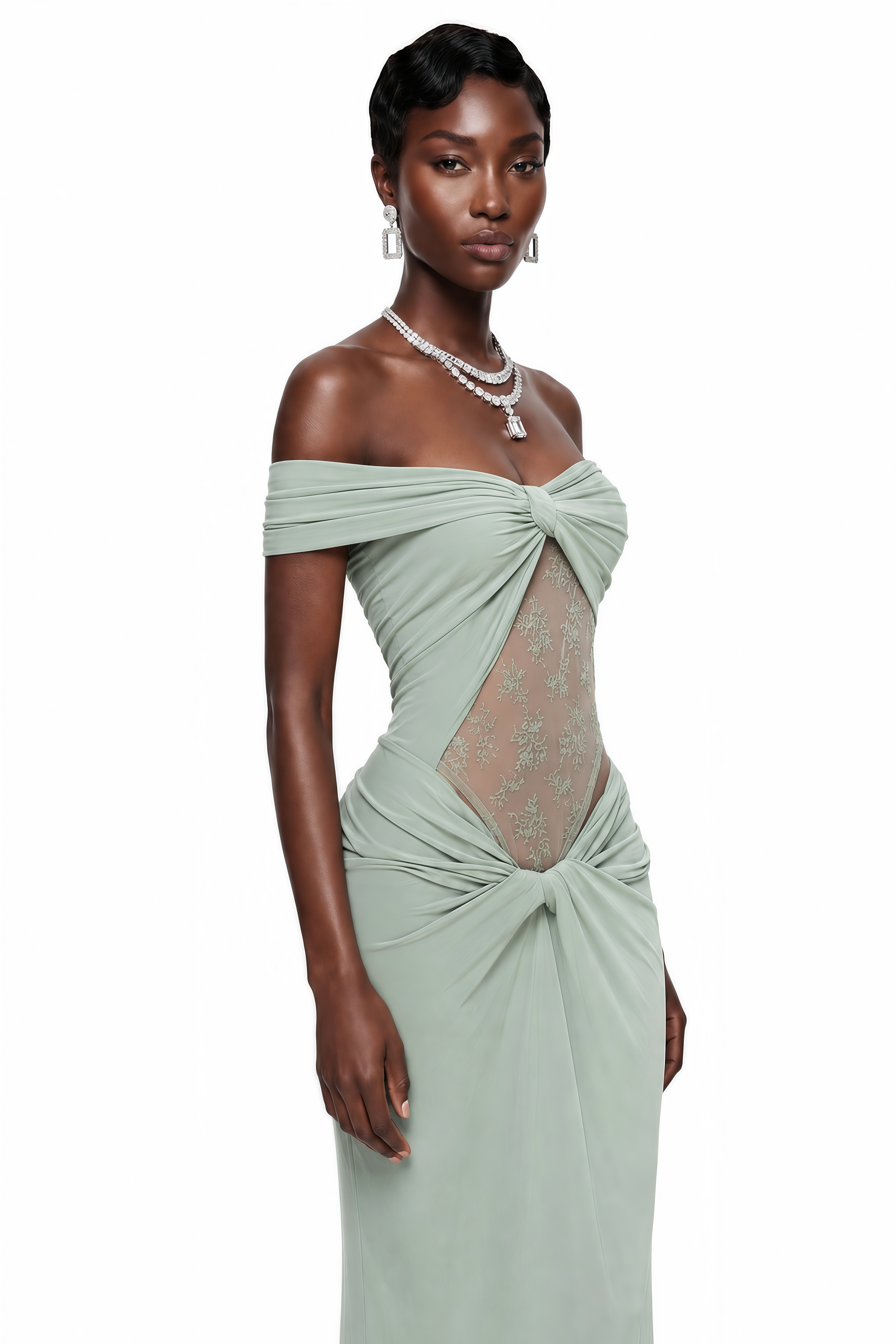 Sage green one-shoulder maxi dress featuring draped knot detailing and a sheer embroidered mesh bodice cutout