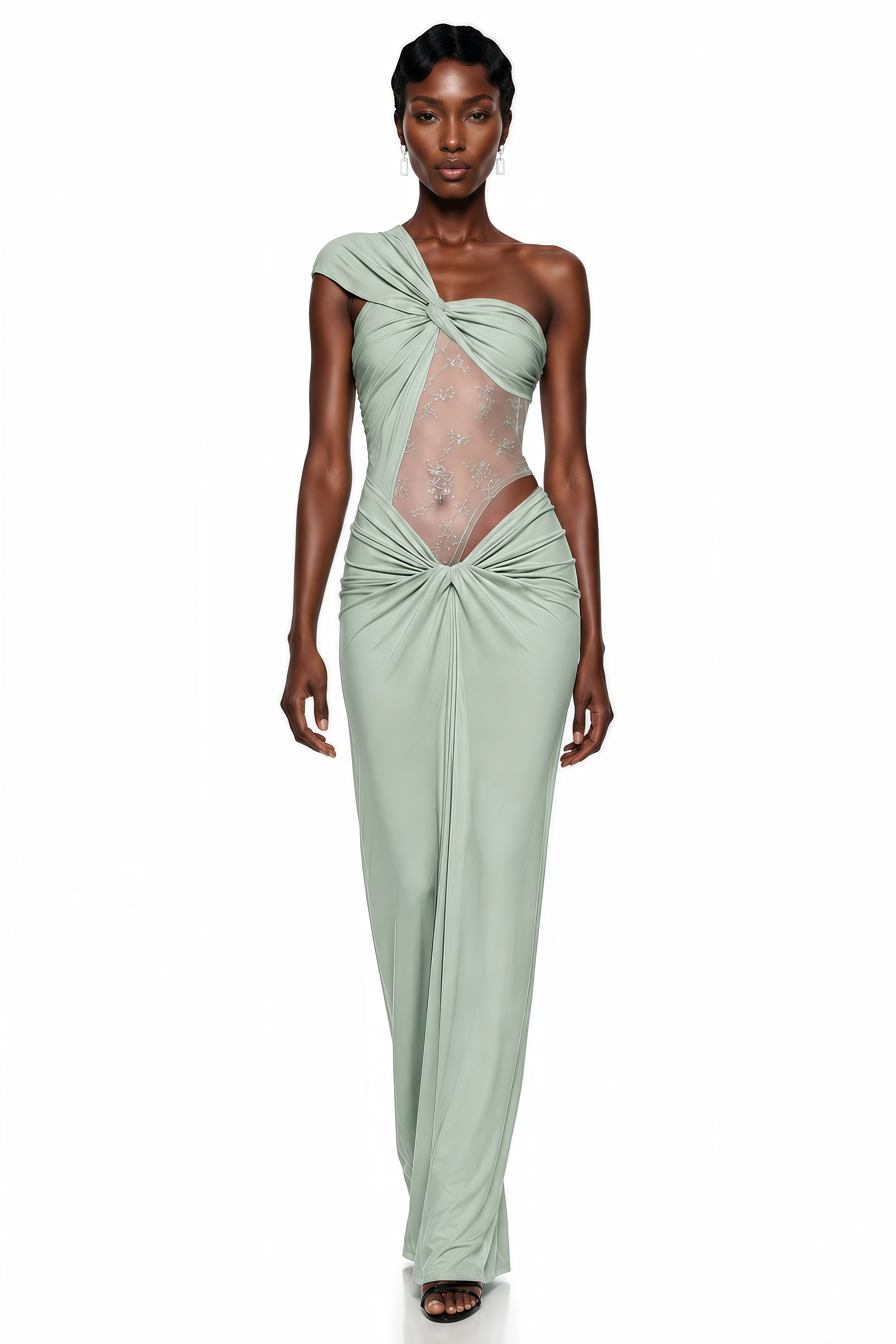 Sage green one-shoulder maxi dress featuring draped knot detailing and a sheer embroidered mesh bodice cutout