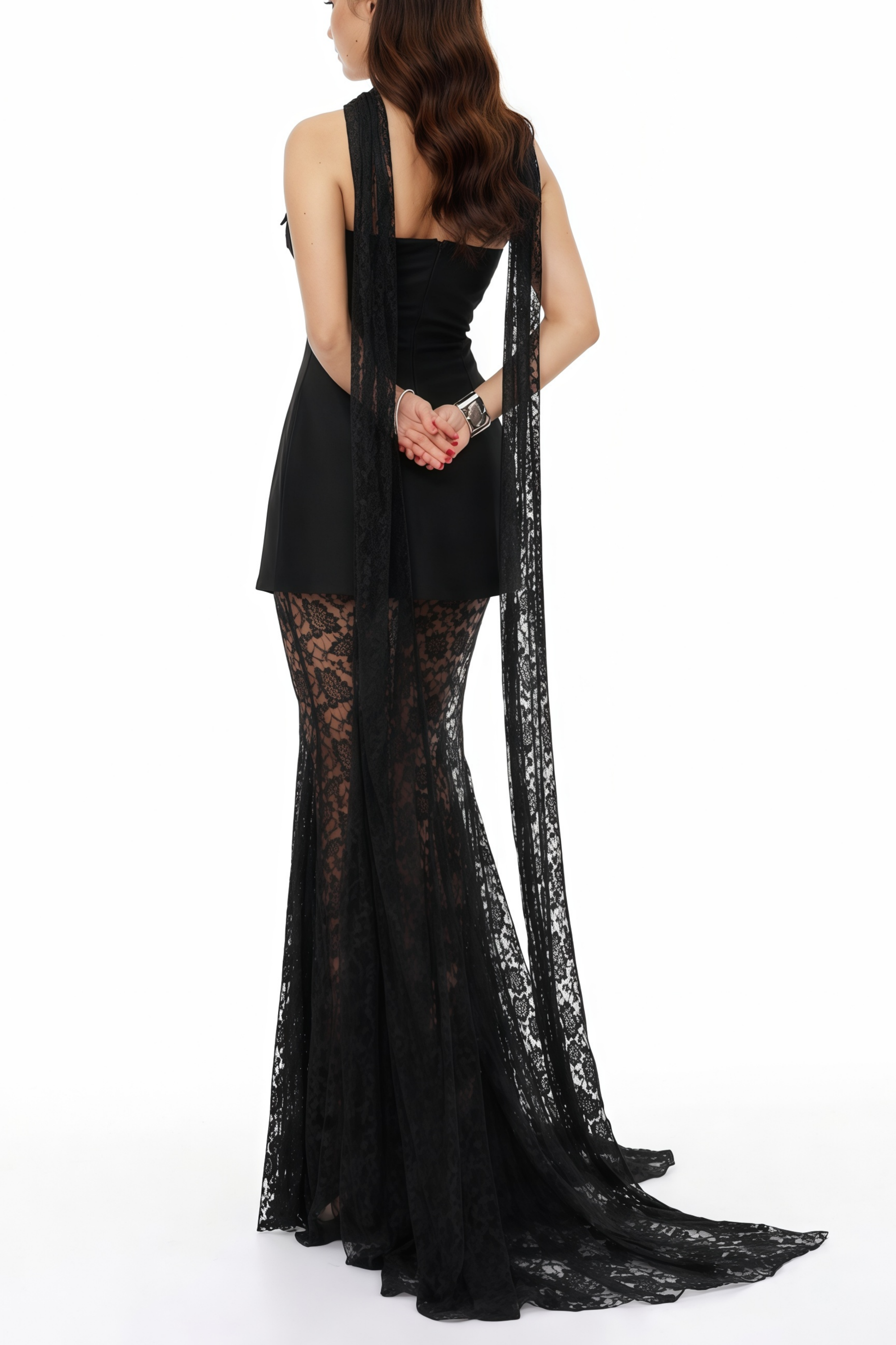 Taisiya – Set aus schwarzem Minikleid mit Schleife und Spitzenrock