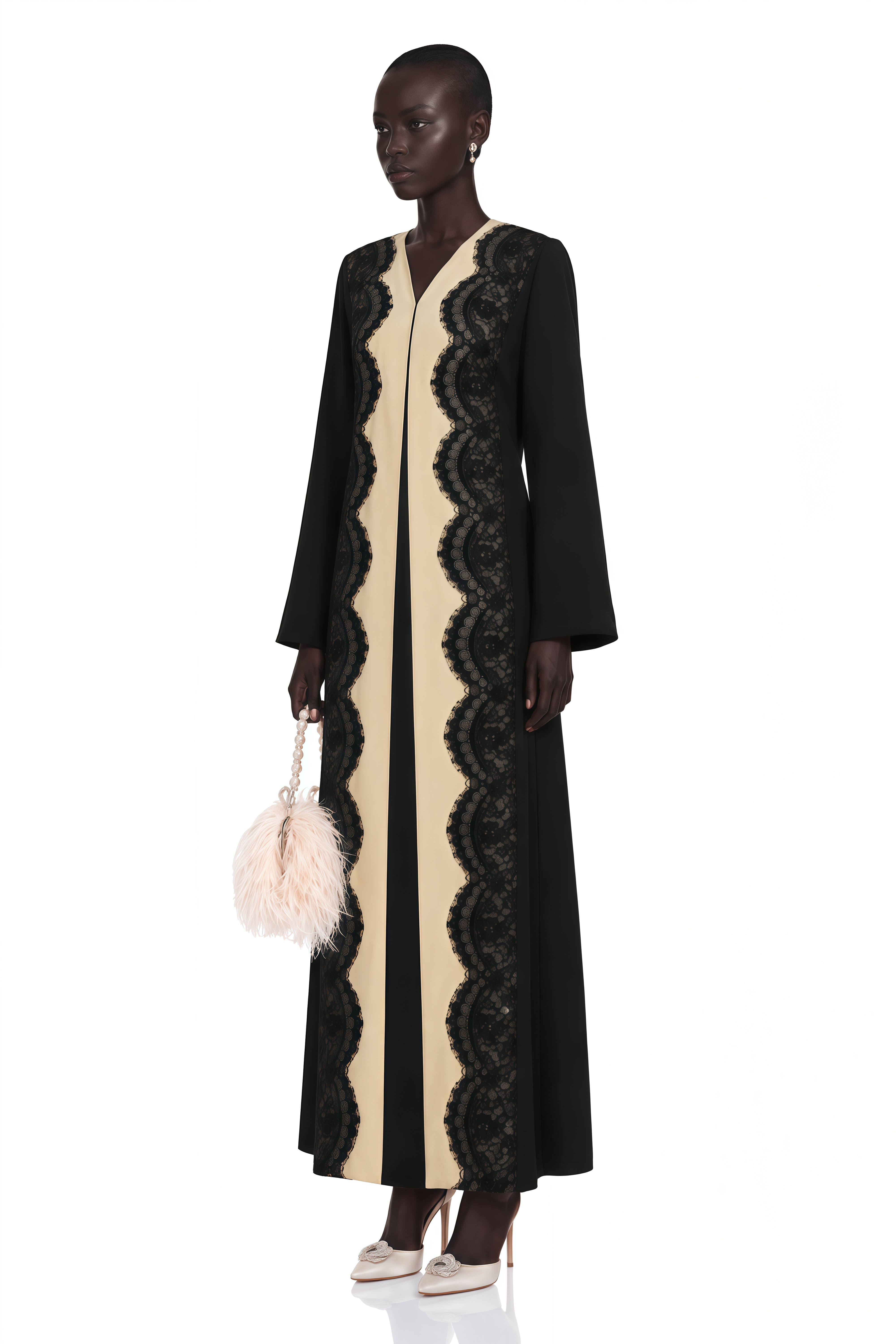 Talia Black Long Sleeves Lace Trim Maxi Coat