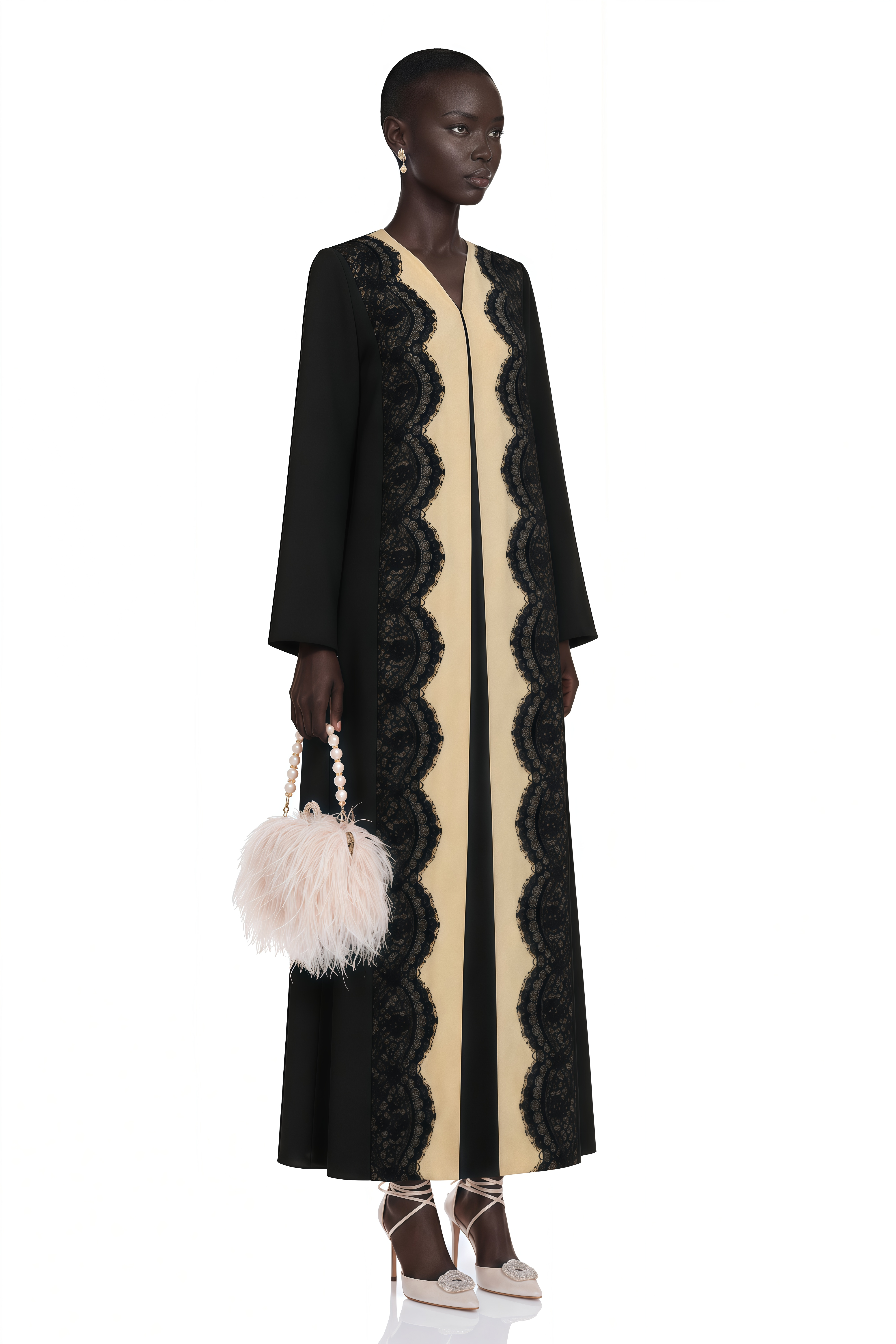 Talia Black Long Sleeves Lace Trim Maxi Coat