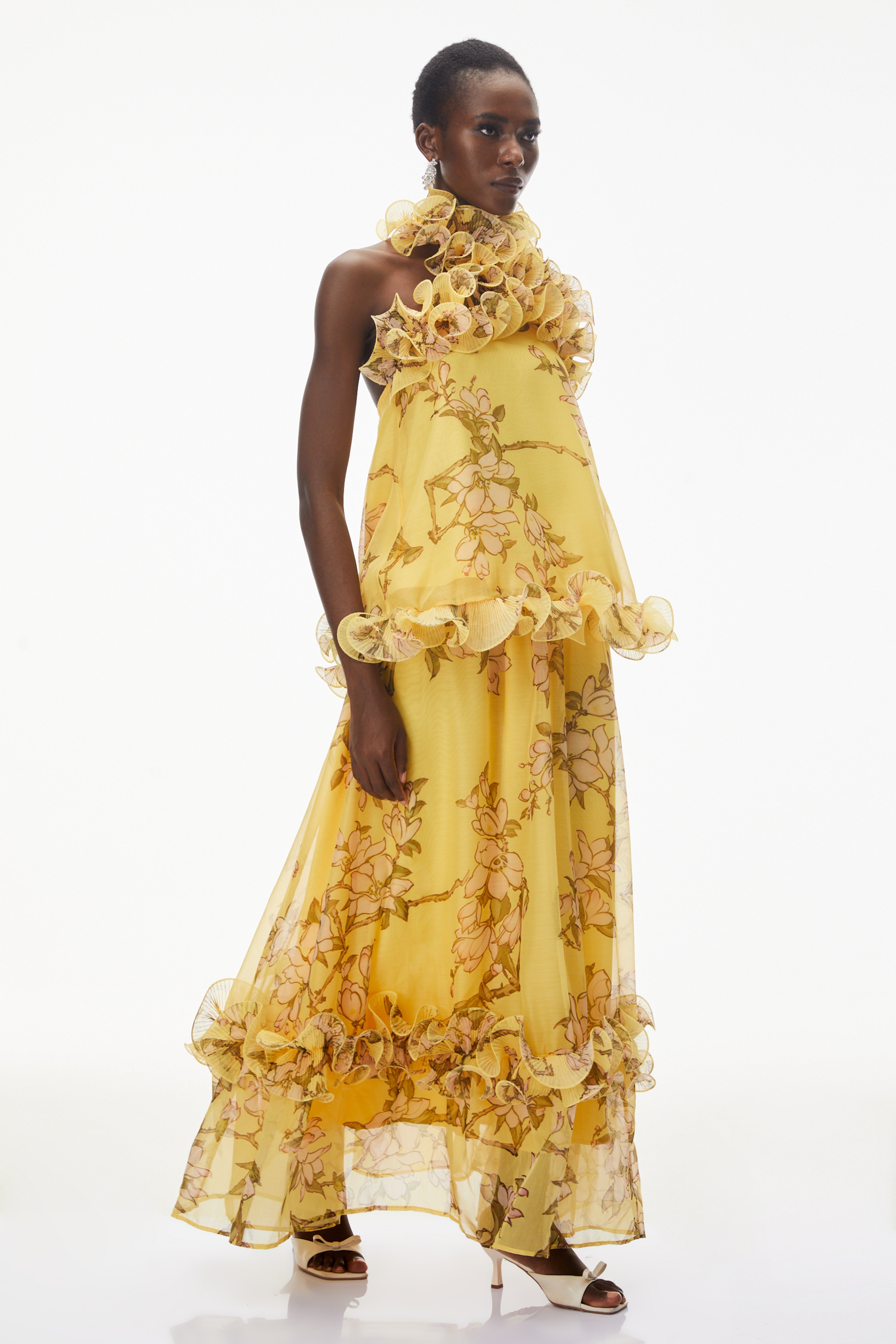 Ensemble jupe et haut à volants à motif floral jaune Tamanna