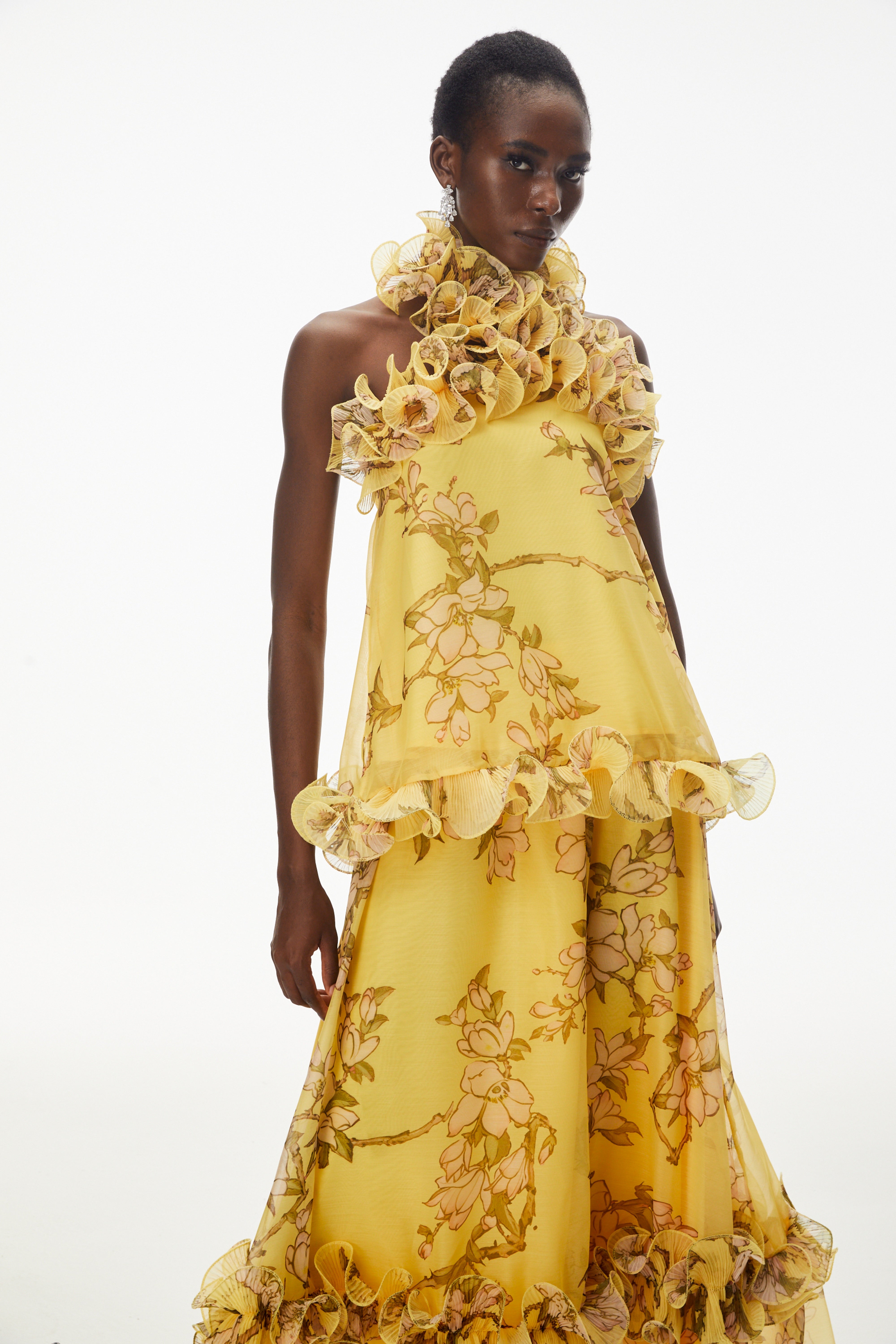 Ensemble jupe et haut à volants à motif floral jaune Tamanna