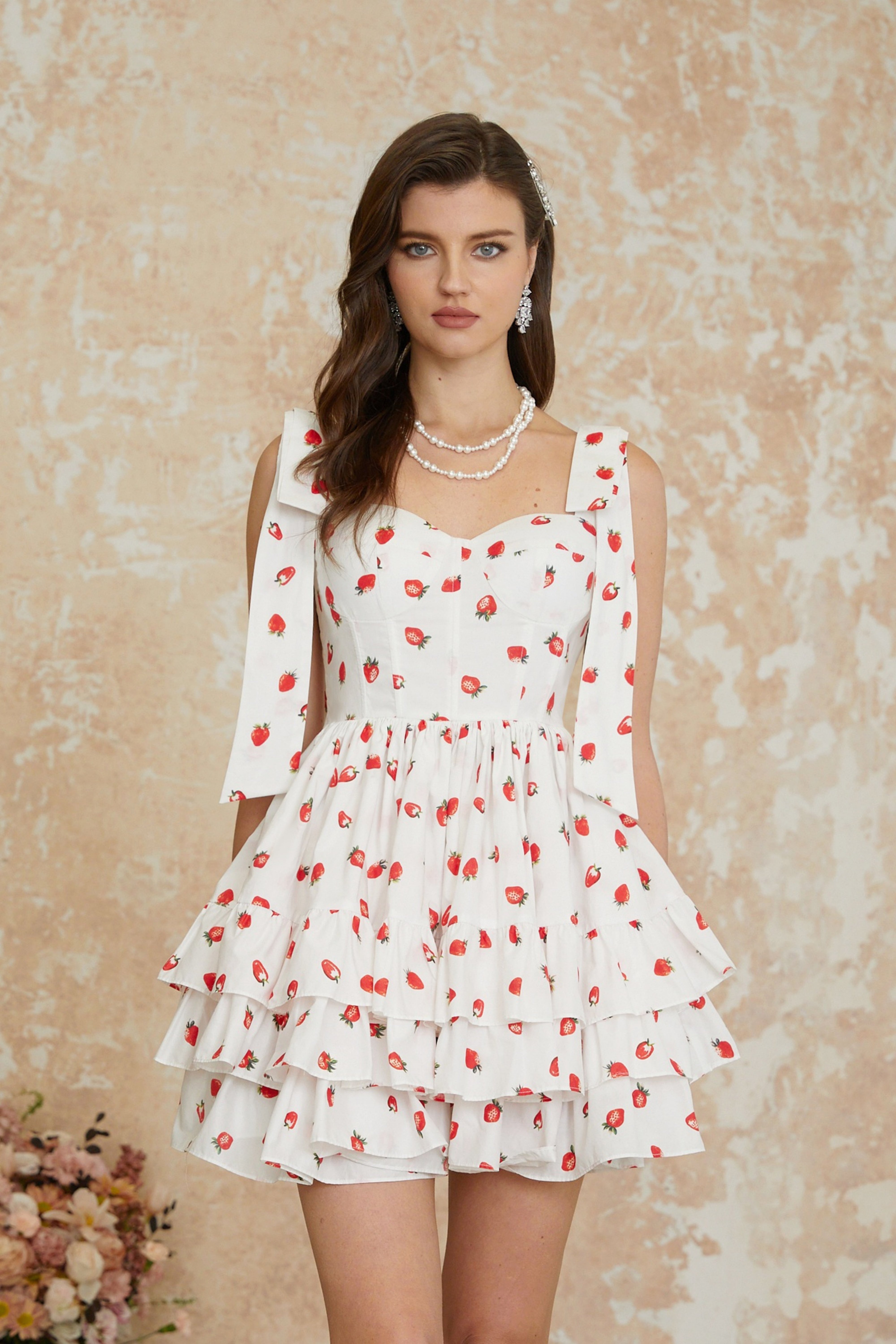 Tamara White Strawberry Print Tiered Mini Dress