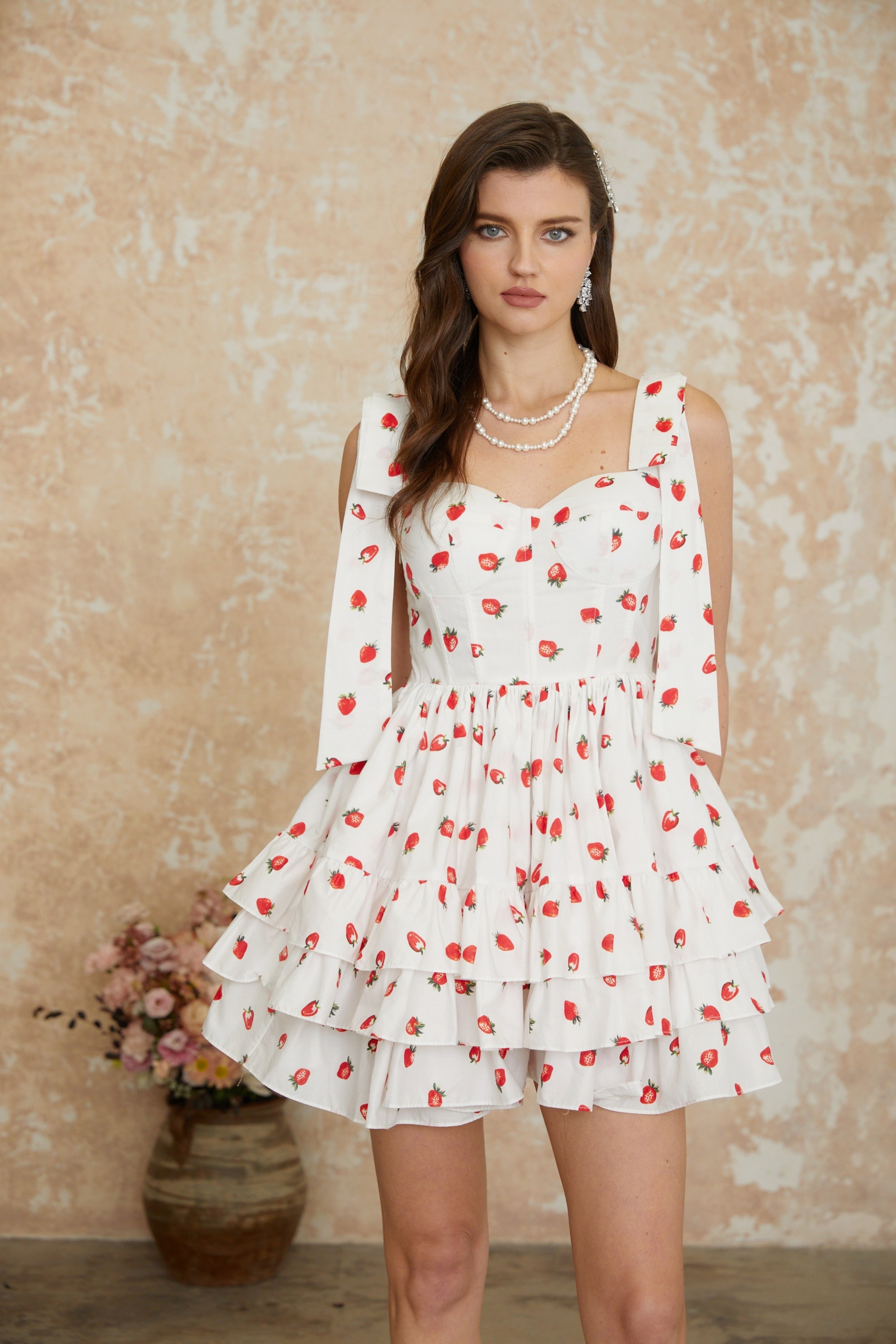 Tamara White Strawberry Print Tiered Mini Dress