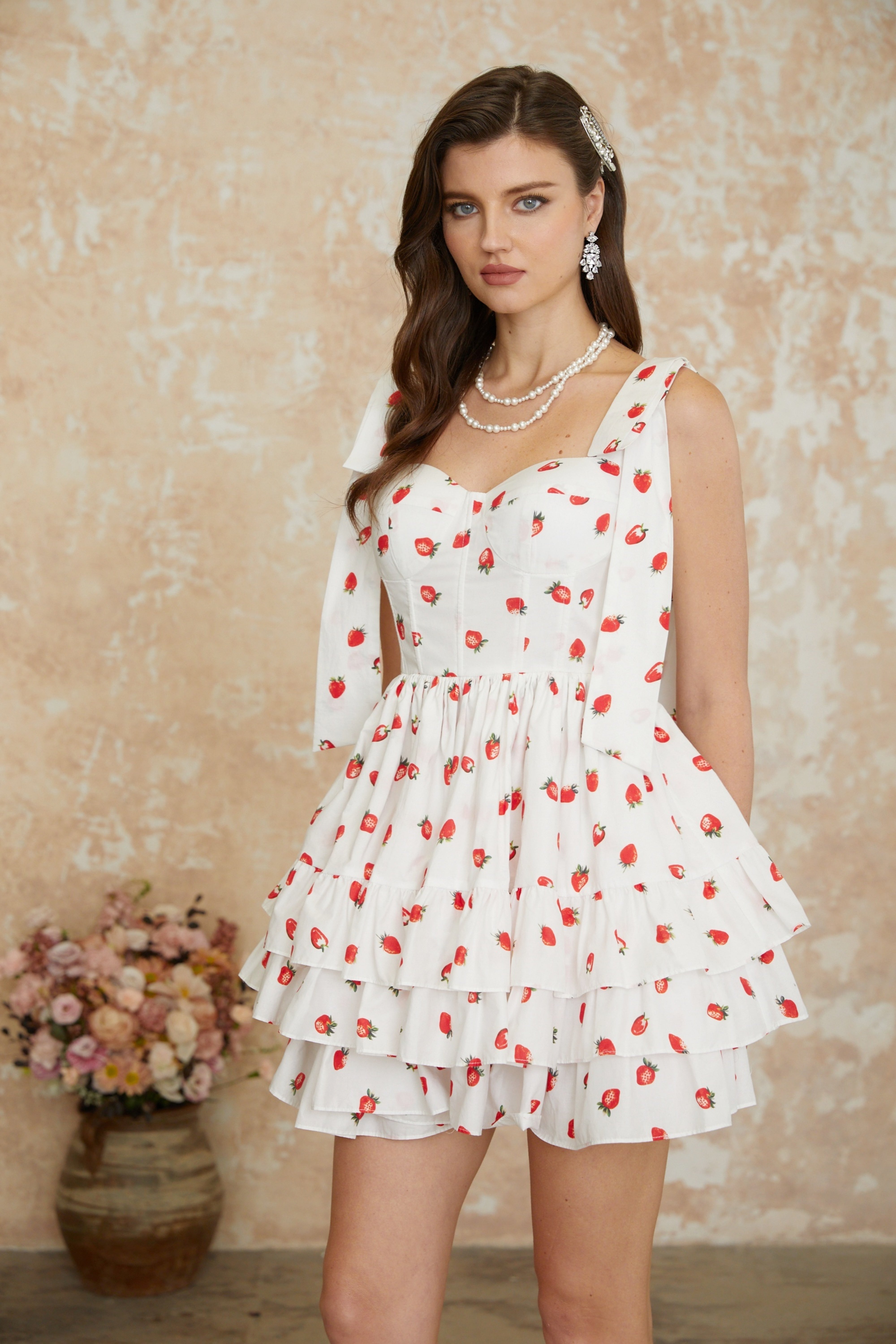 Tamara White Strawberry Print Tiered Mini Dress