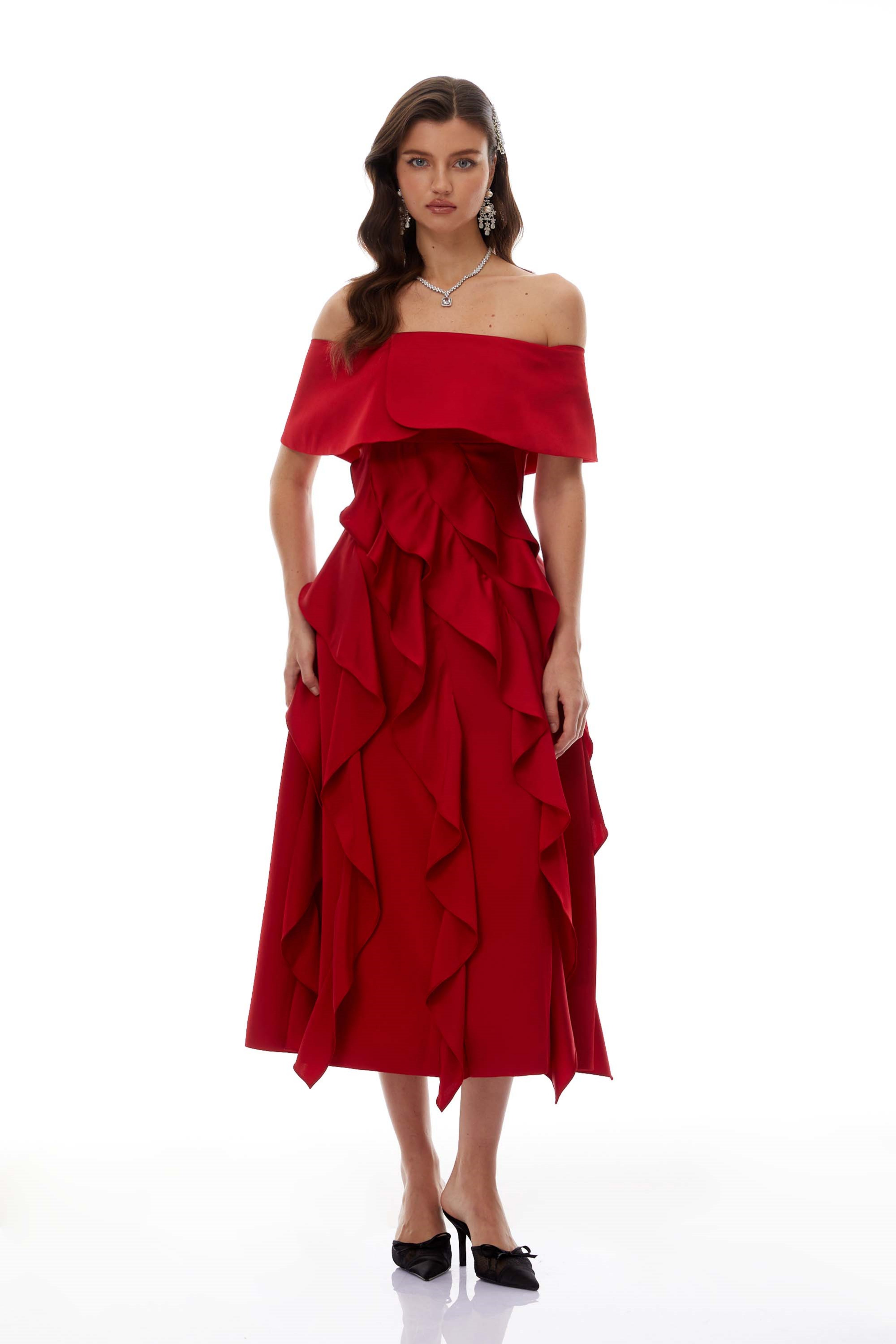 Tarjei Red Off-Shoulder Ruffled Midi Dress