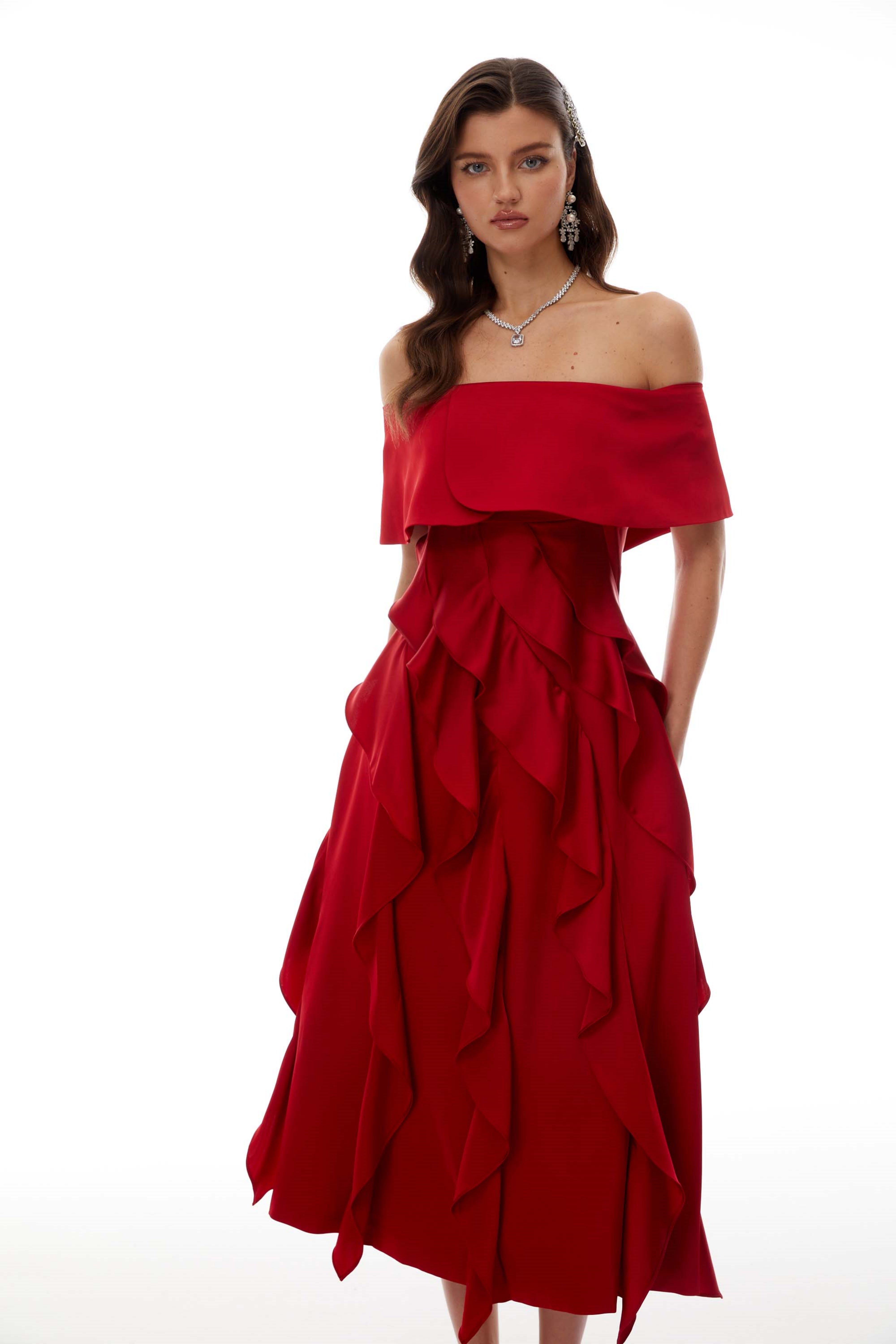 Tarjei Red Off-Shoulder Ruffled Midi Dress