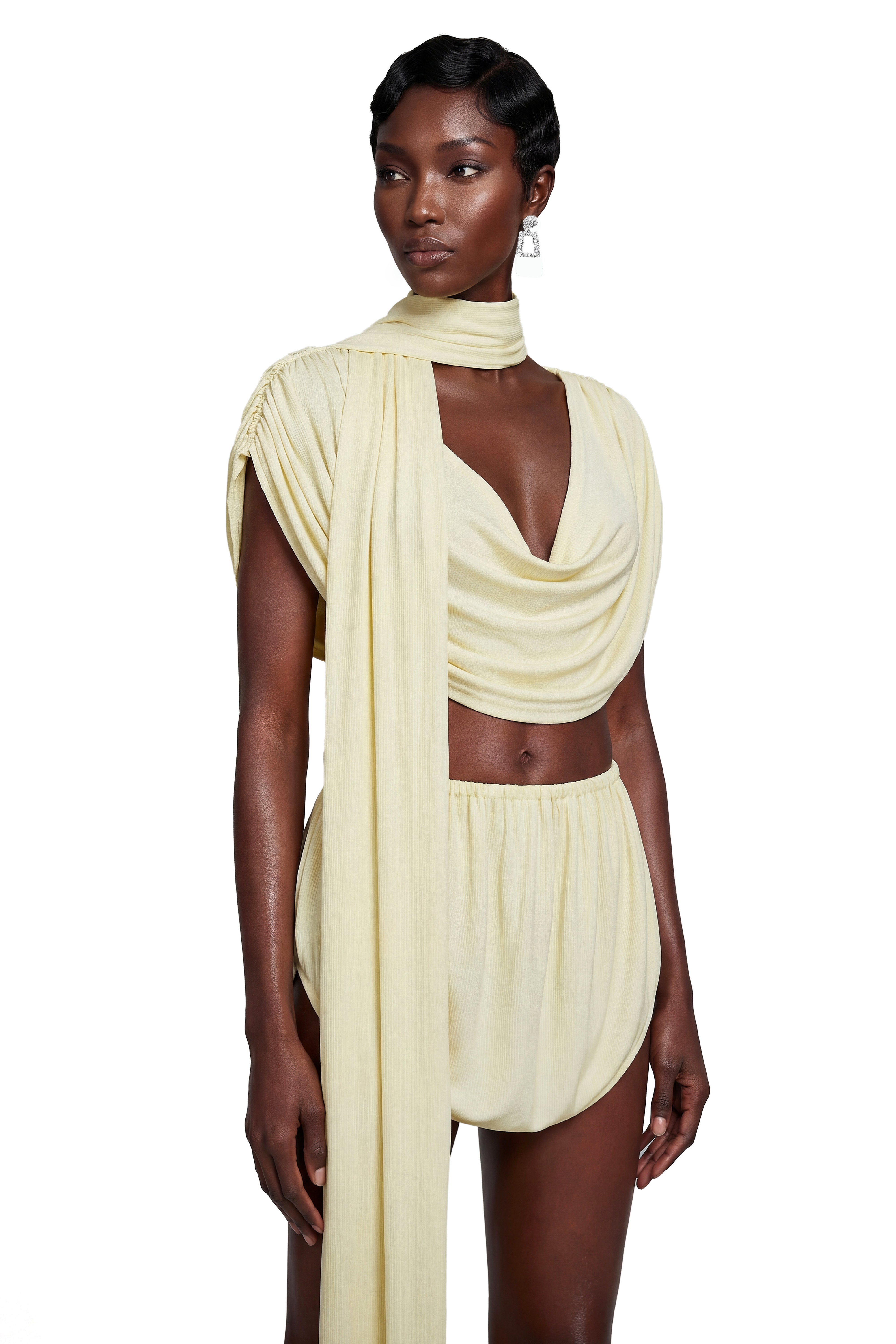 Thalora Cream Ruched Top & Skirt Set with Ribbon