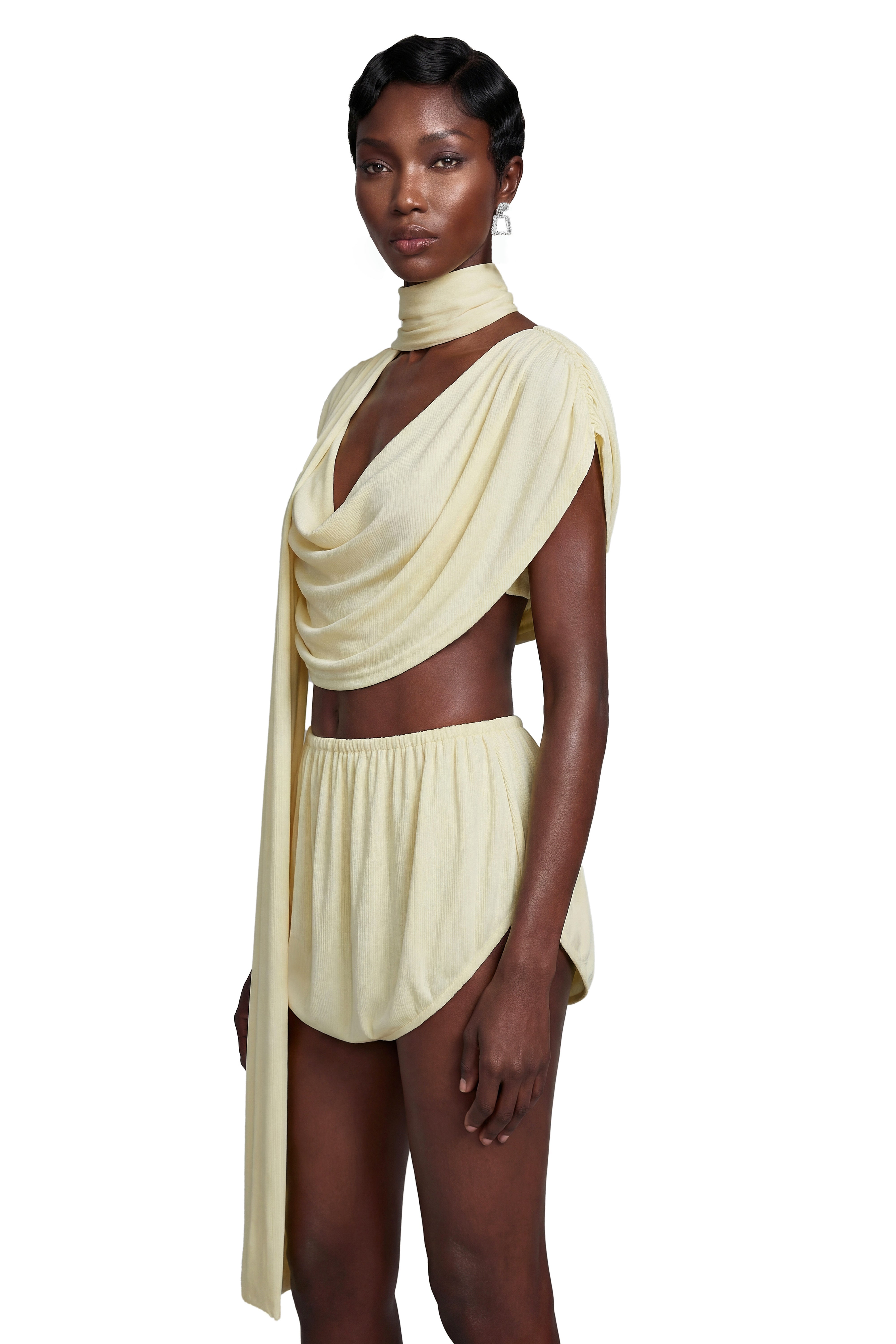 Thalora Cream Ruched Top & Skirt Set with Ribbon