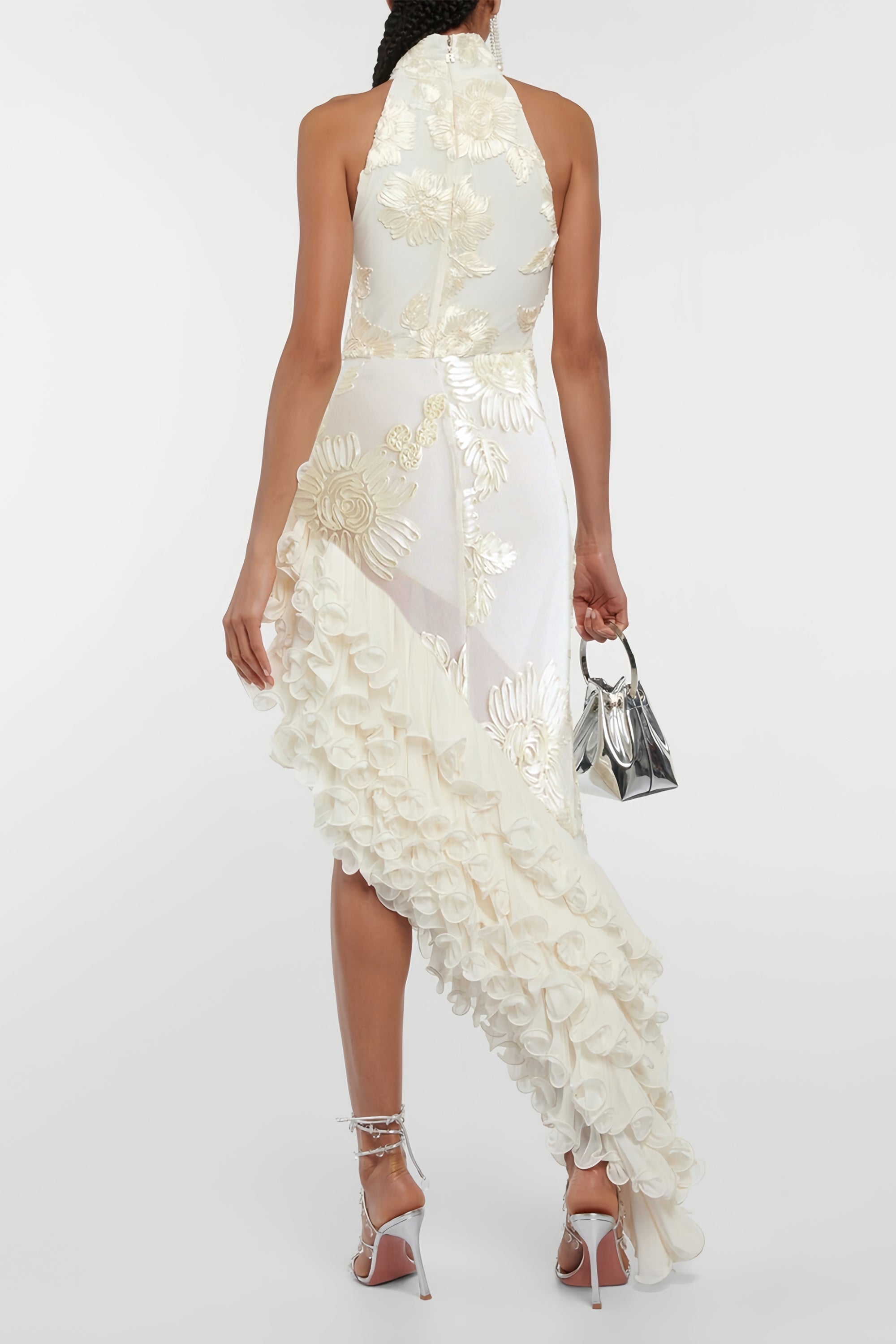 Théoline Neutrales asymmetrisches Midi-Kleid mit Rüschen und Blumenmuster