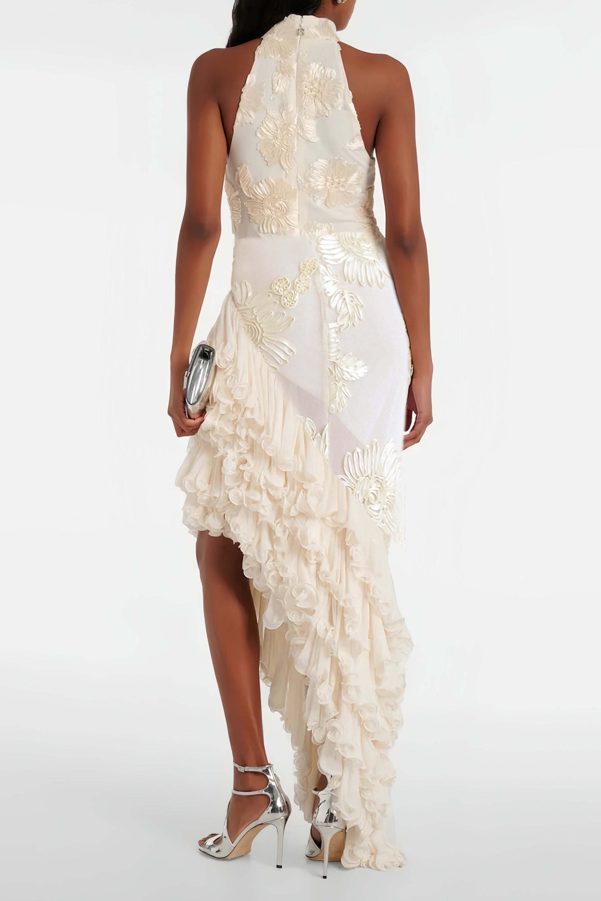 Théoline Neutrales asymmetrisches Midi-Kleid mit Rüschen und Blumenmuster