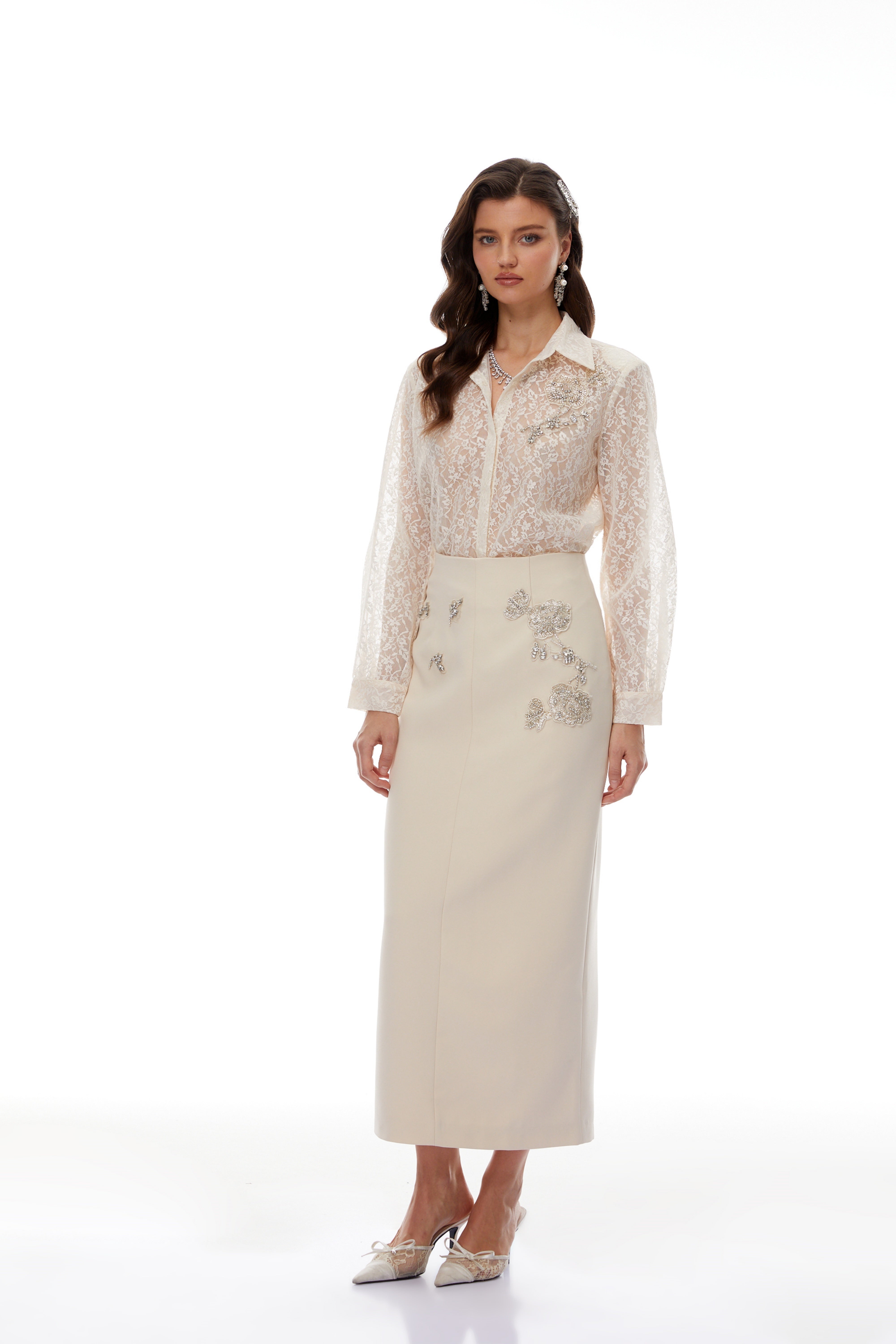 Theresa Neutrals Floral Lace Shirt & Skirt Set