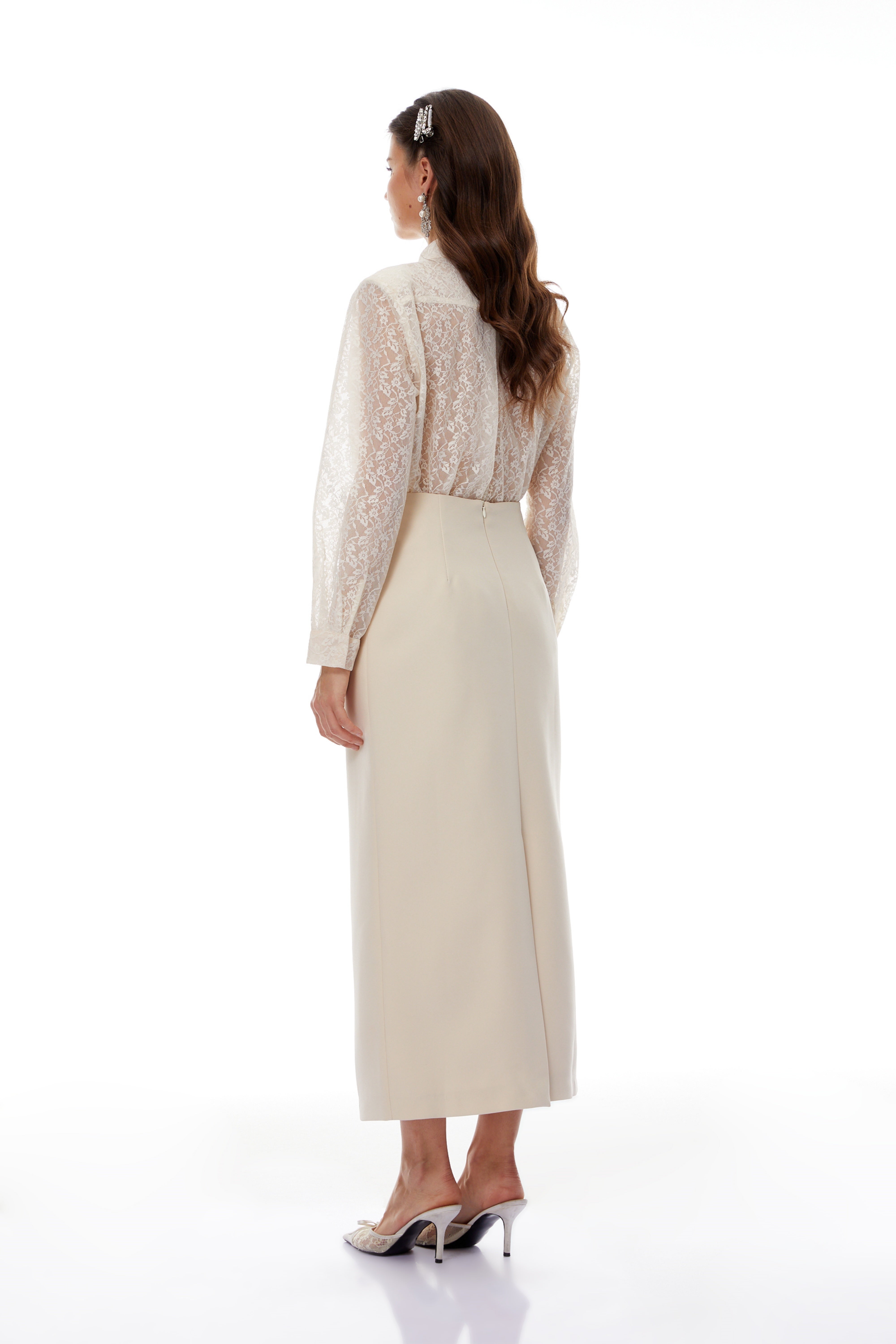 Theresa Neutrals Floral Lace Shirt & Skirt Set