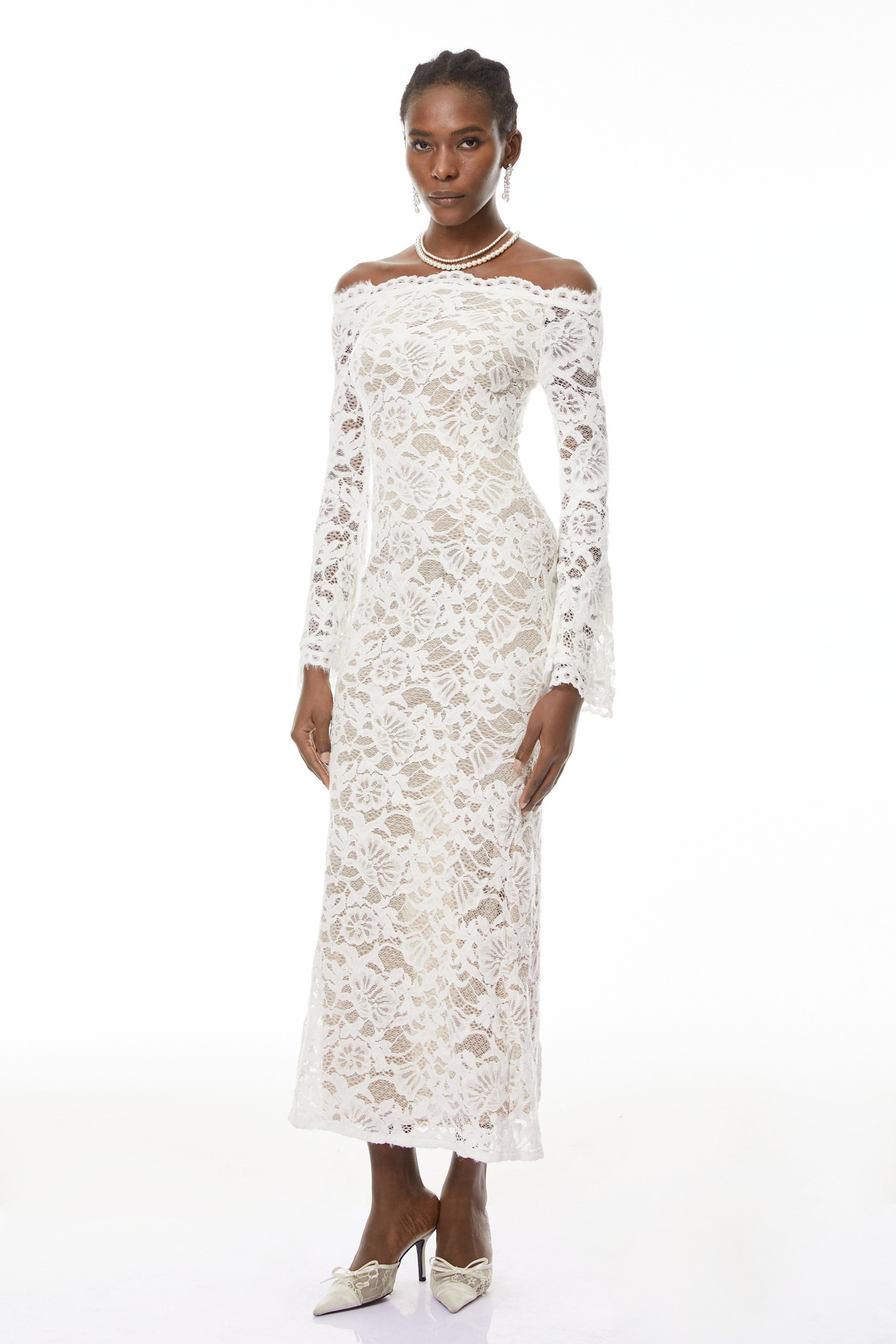 Theresa White Semi-Sheer Floral Lace Maxi Dress