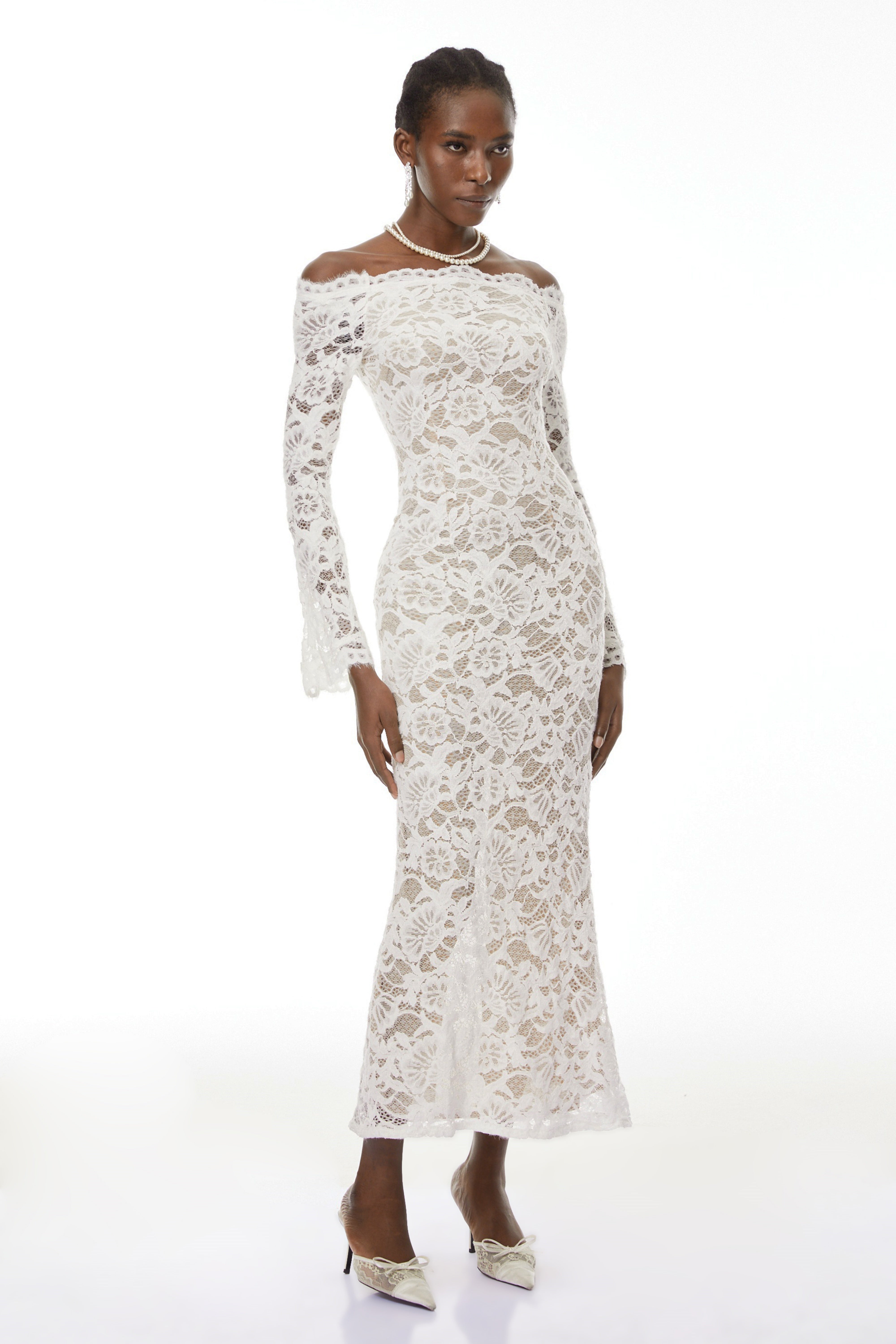 Theresa White Semi-Sheer Floral Lace Maxi Dress