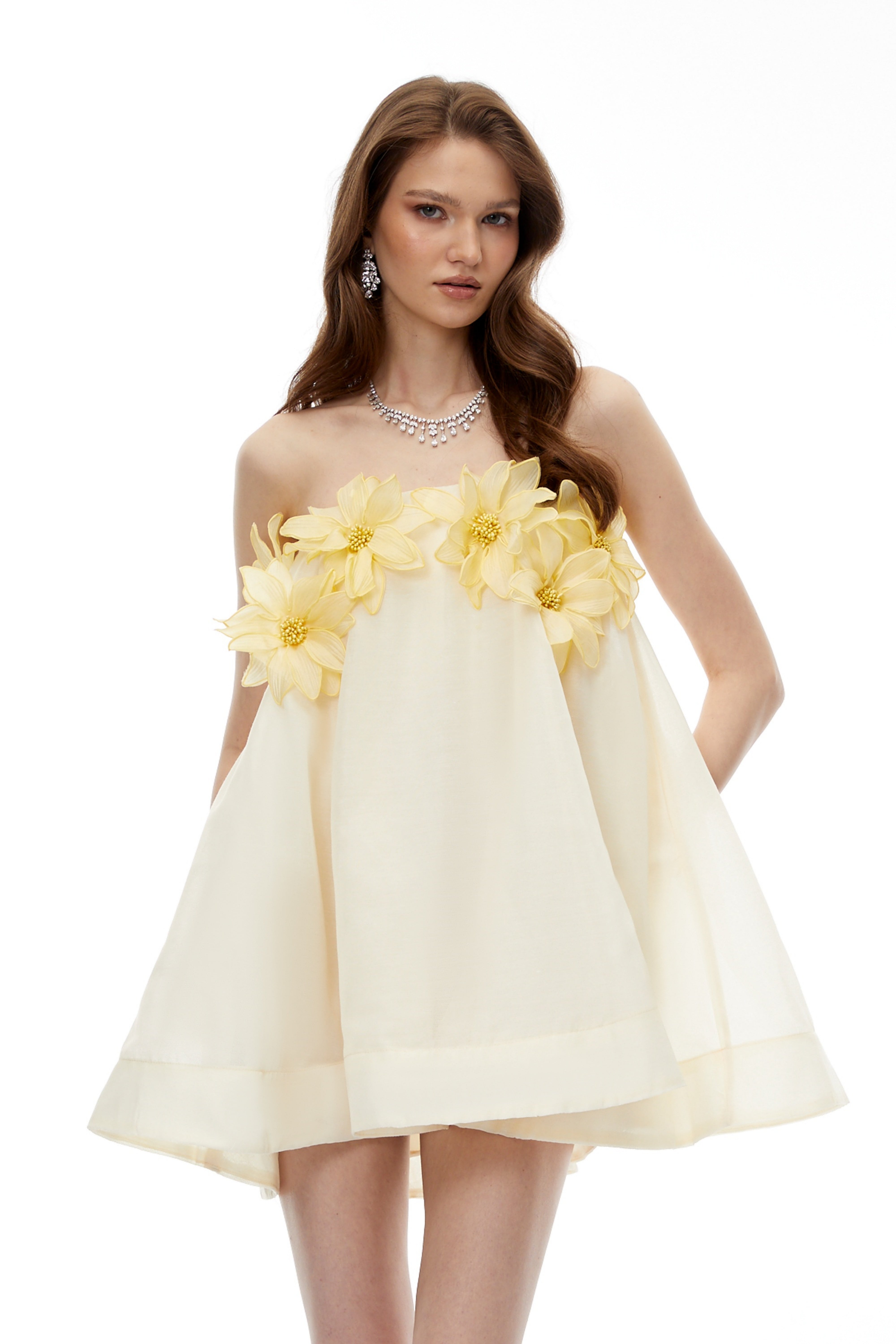 Tisiphone Yellow Off Shoulder Mini Dress with 3D Florals