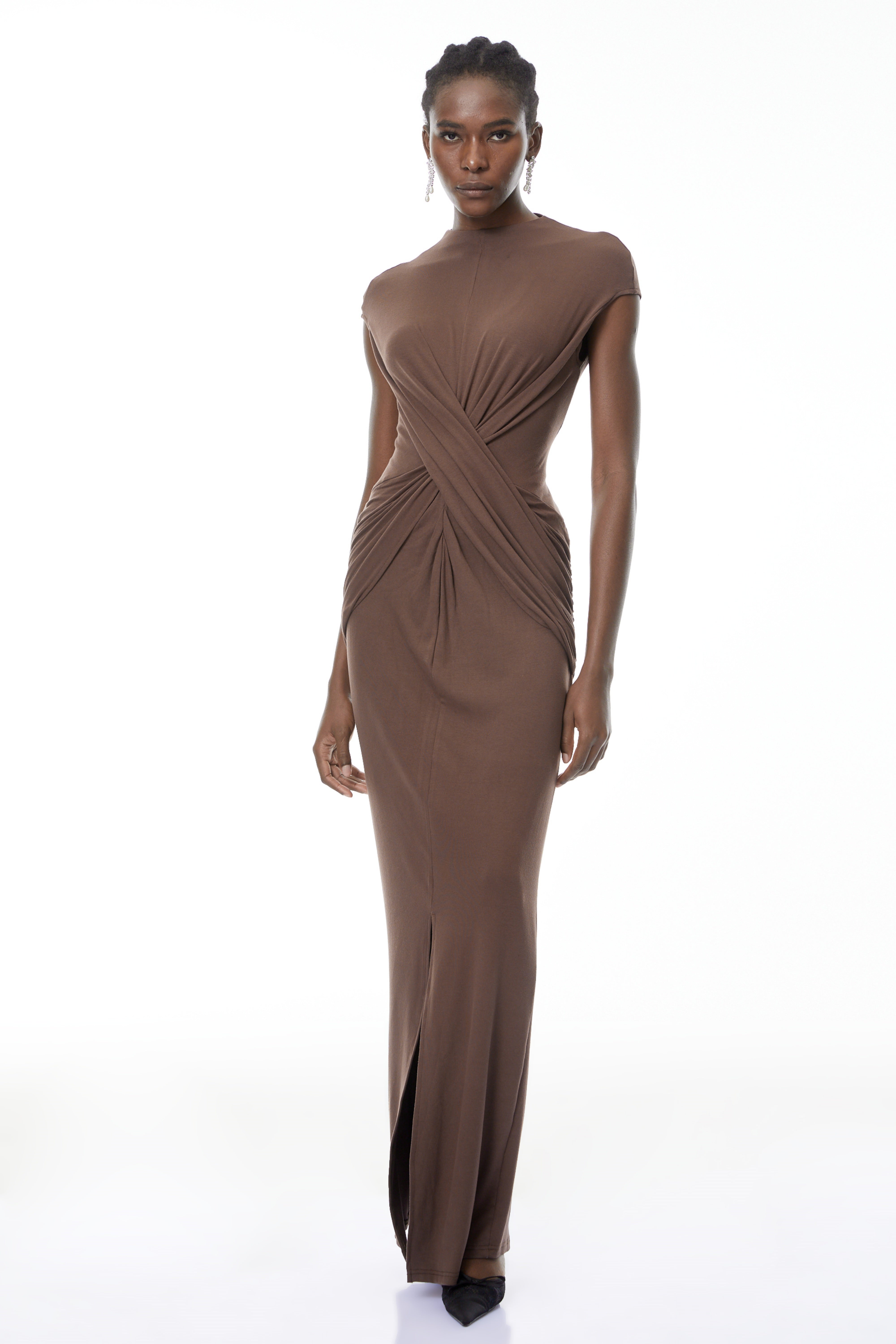 Tone Chocolate Brown Cross-Over Maxi Dress