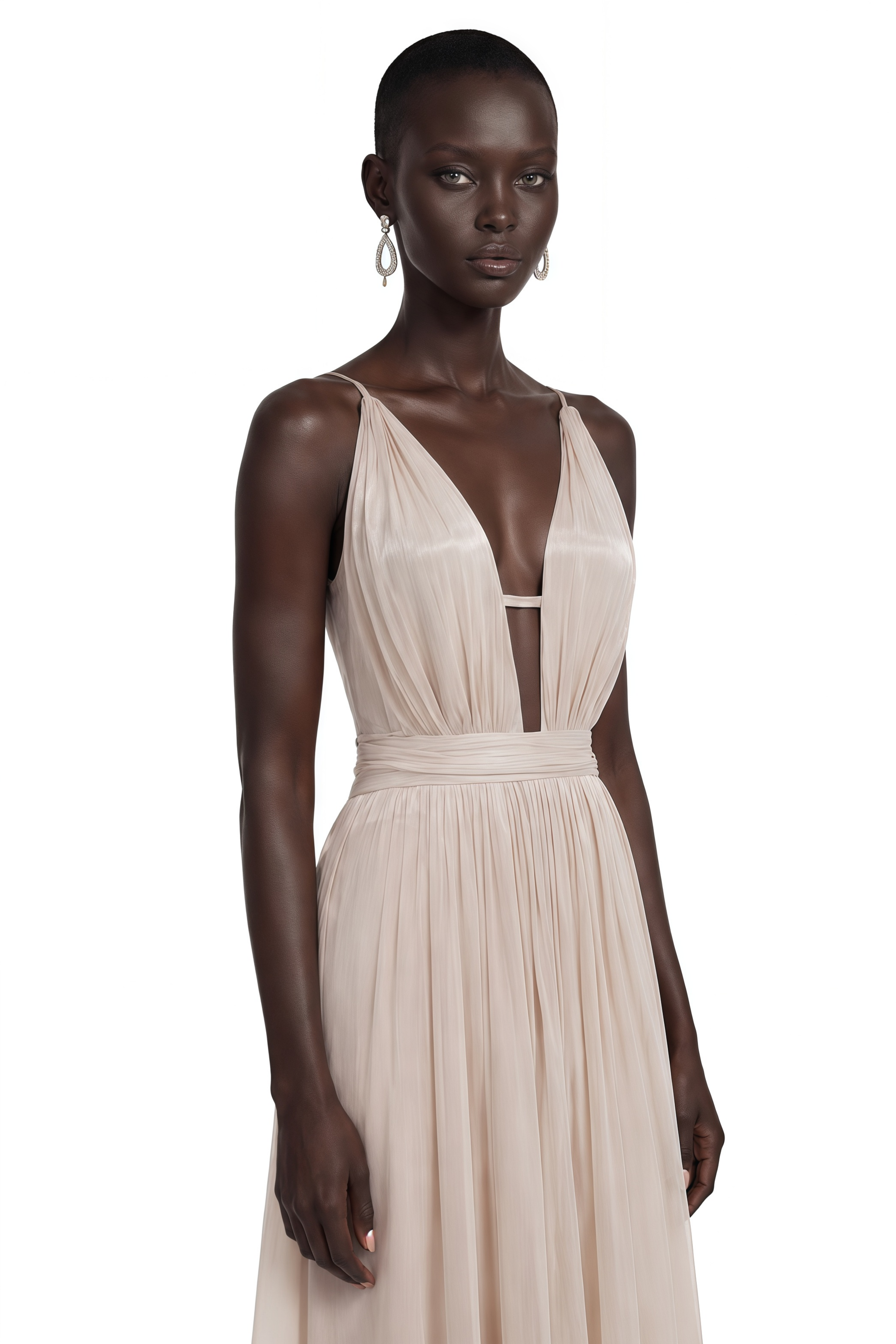 Topaz Beige V-Neck Pleated Maxi Dress