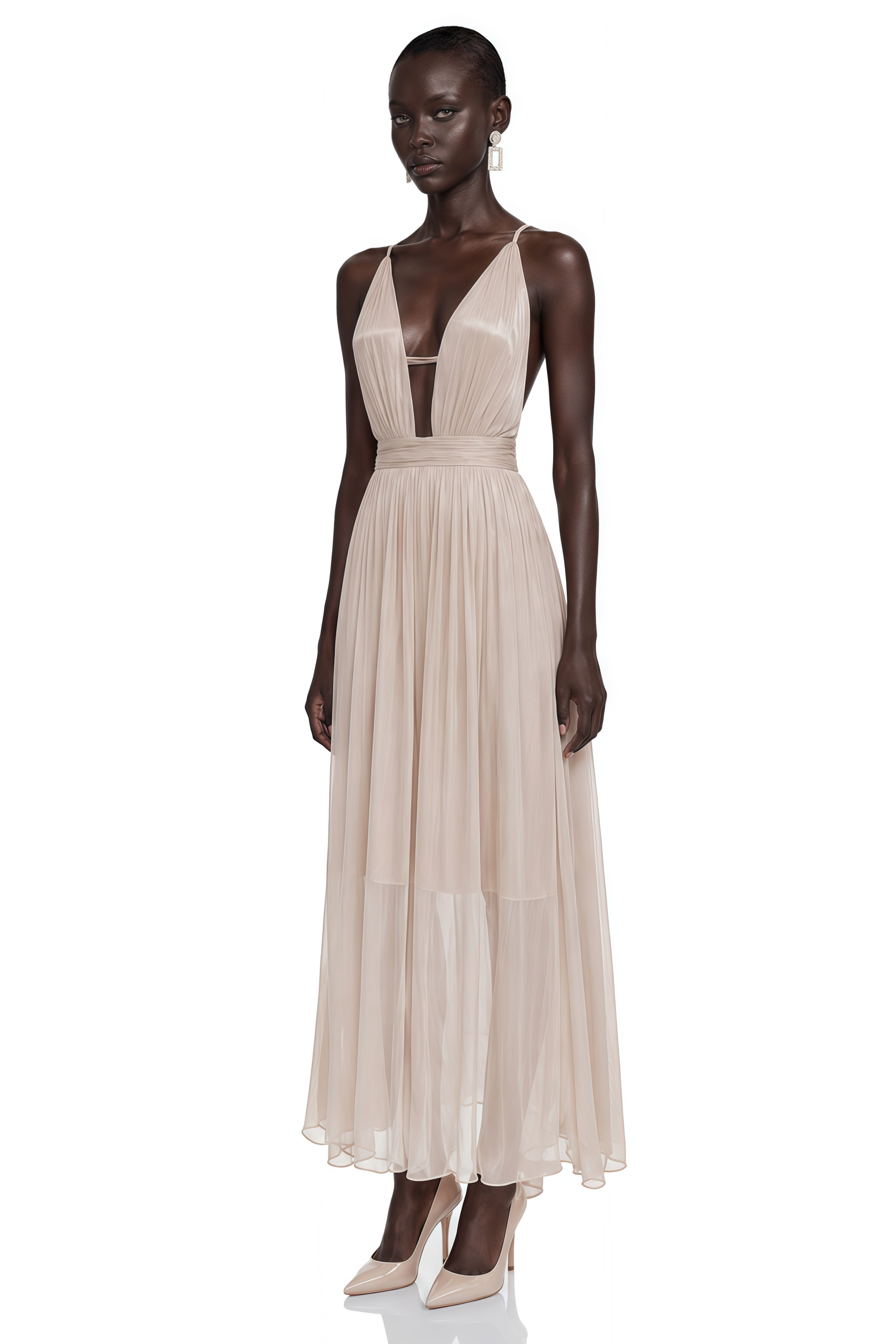 Topaz Beige V-Neck Pleated Maxi Dress