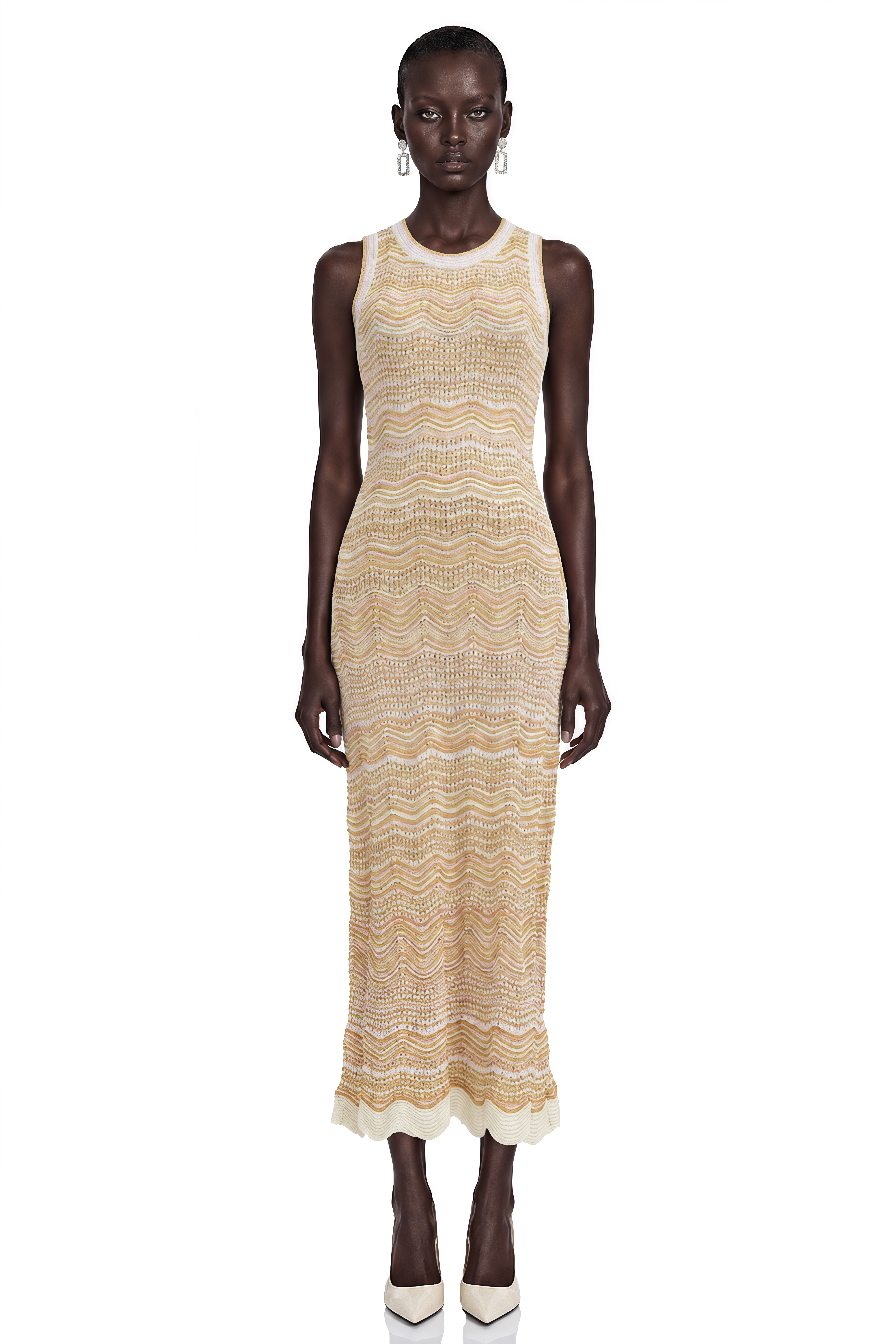 Robe longue à col rond et tissage en zigzag, couleur crème, de la marque Tracy