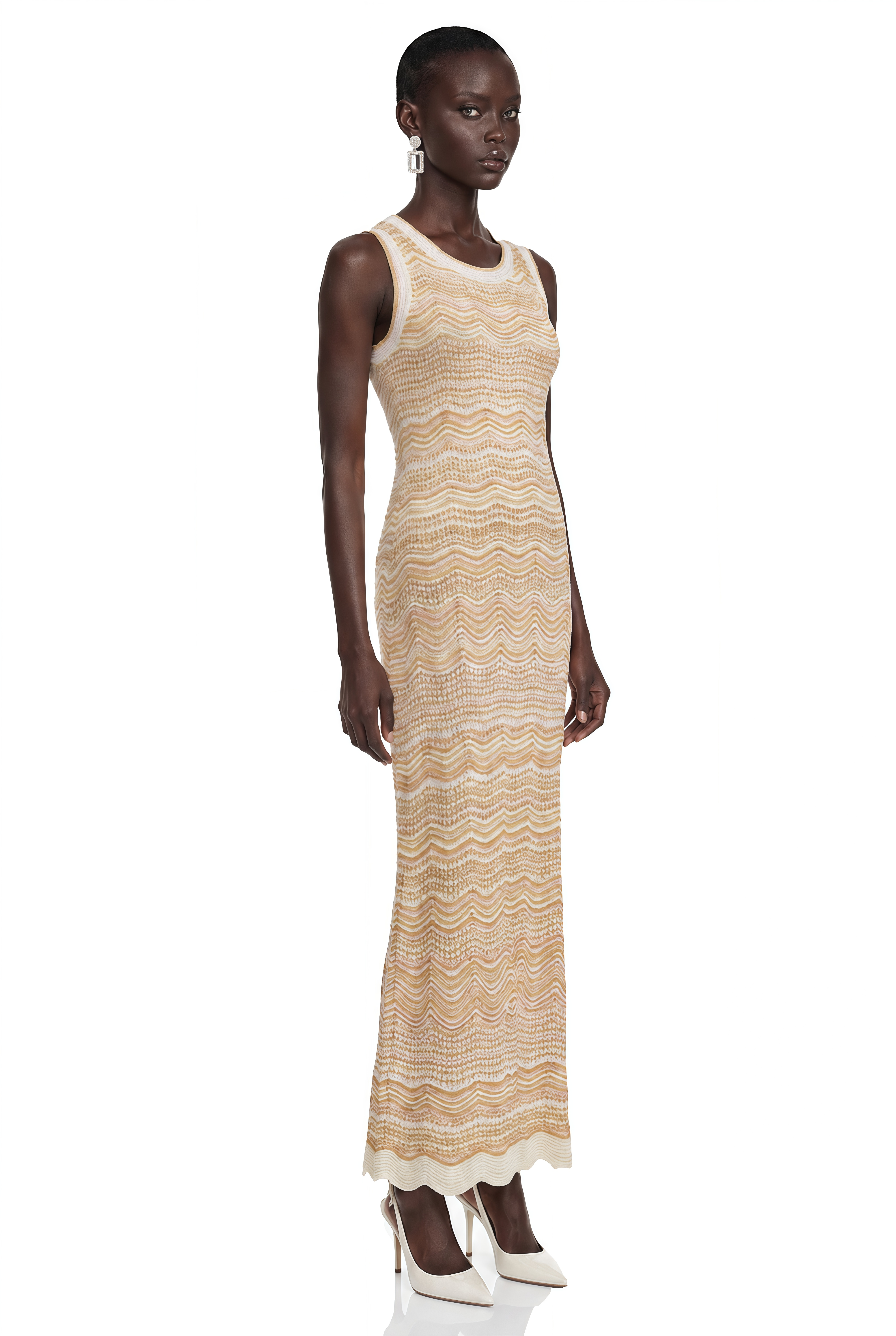 Robe longue à col rond et tissage en zigzag, couleur crème, de la marque Tracy