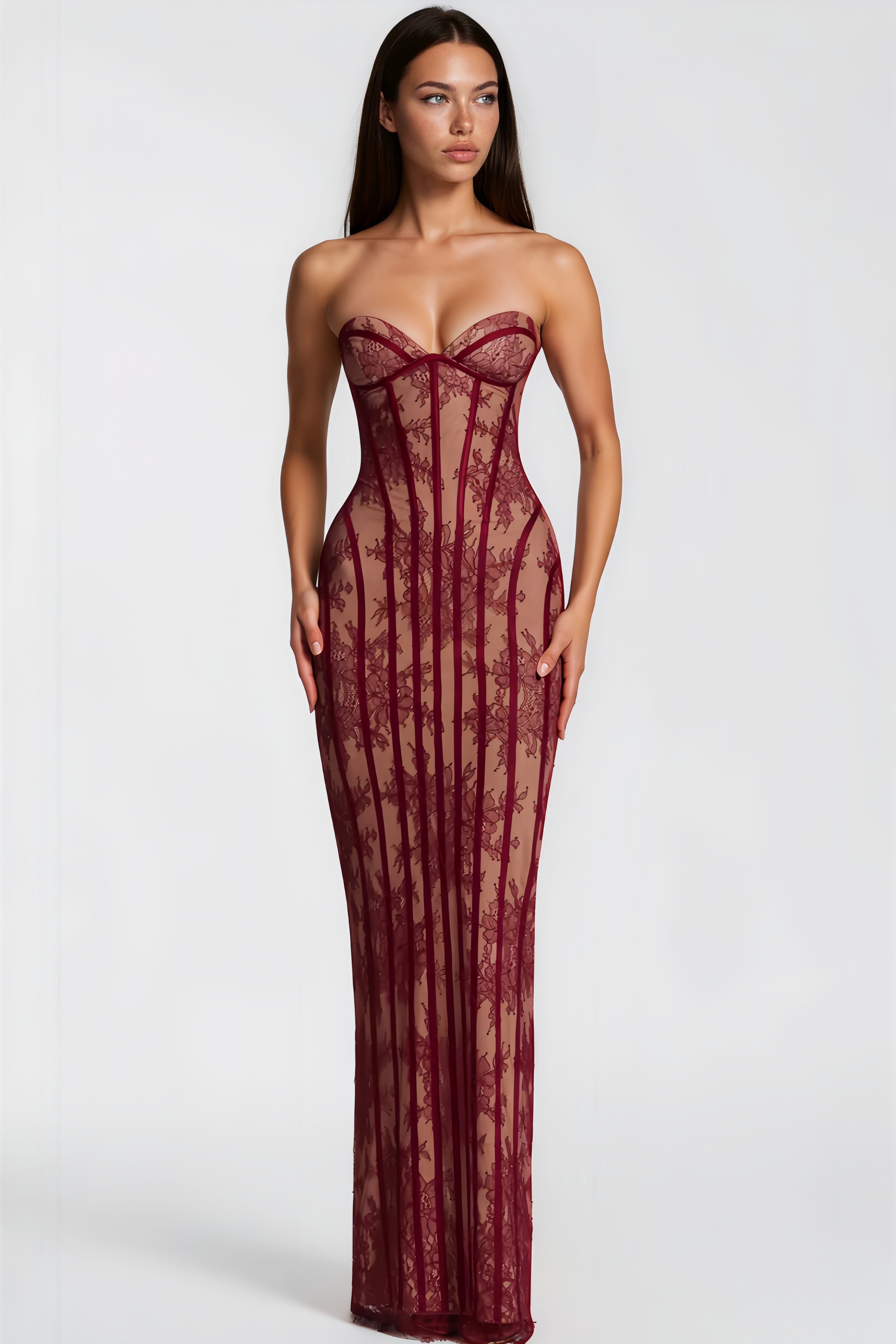 Urszula Red Floral Lace Corset Maxi Dress