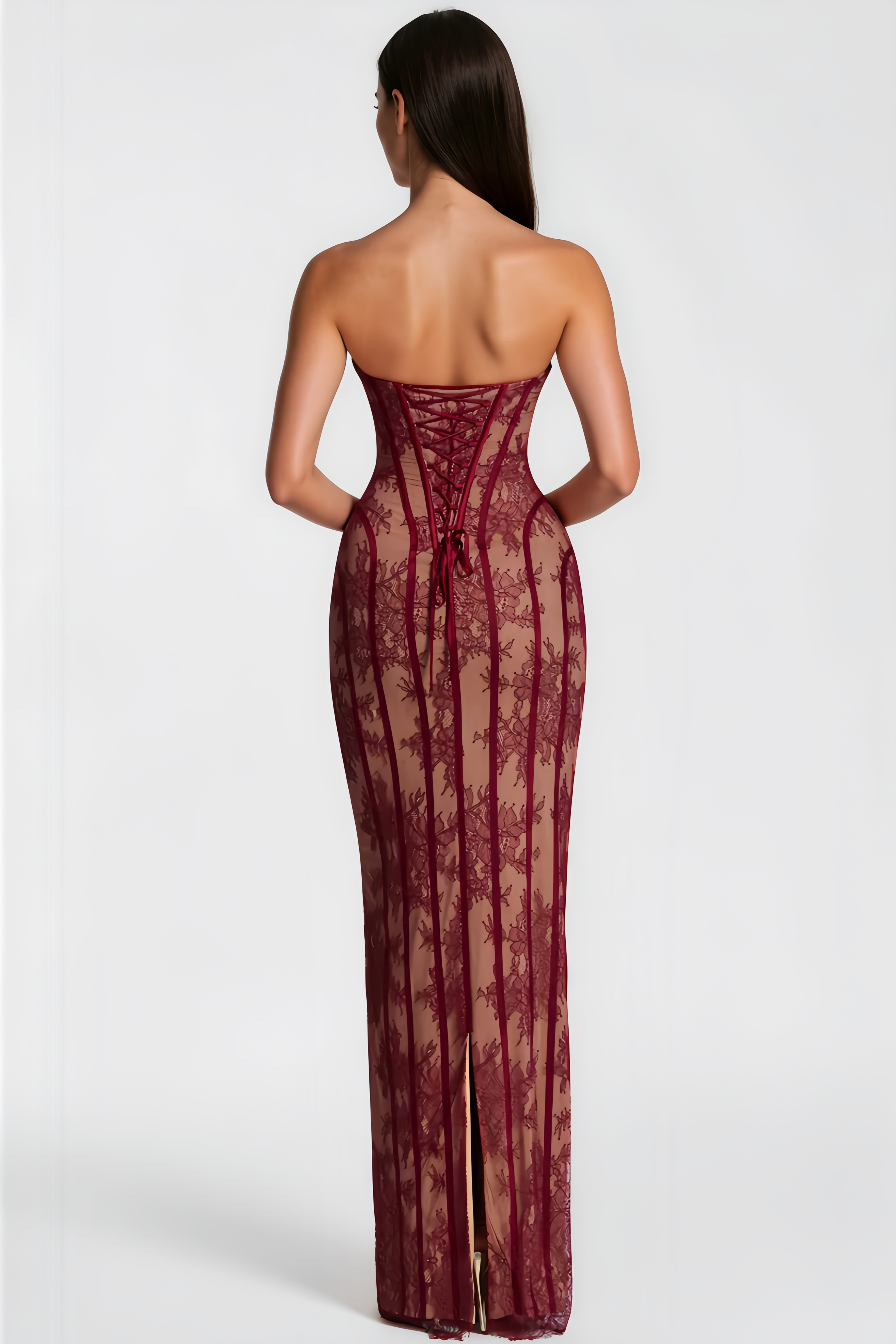 Urszula Red Floral Lace Corset Maxi Dress